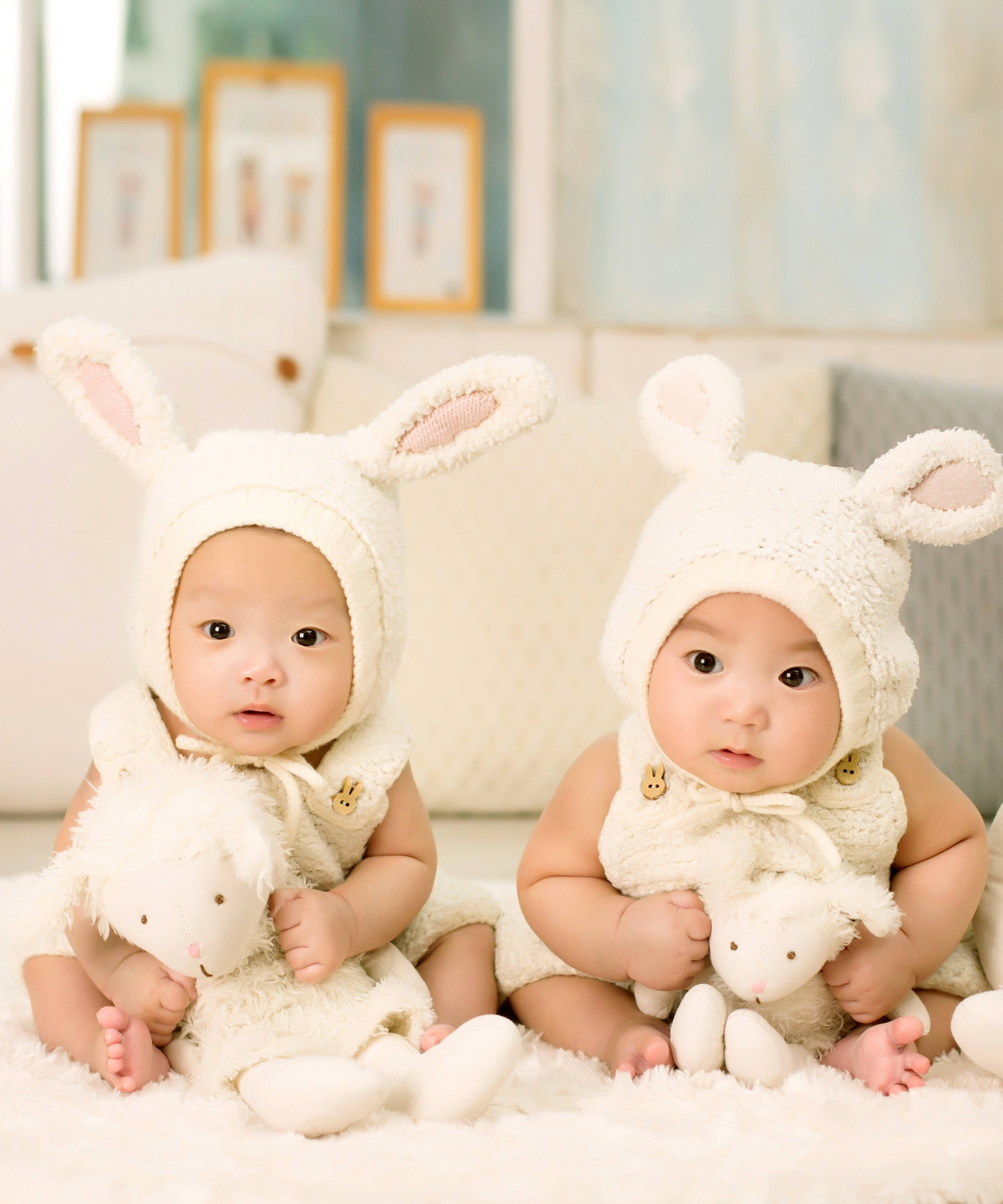 bunny bonnets, fluffy white bunny outfits, stuffed lambs, 2K Phone Wallpaper