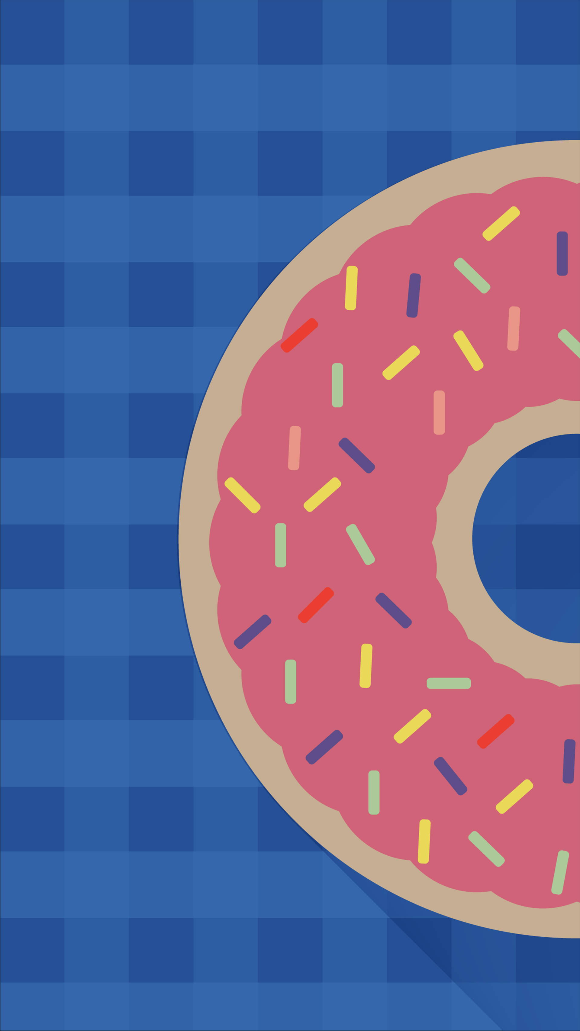 blue checkered background, pink frosted donut, colorful sprinkles, 2K Phone Wallpaper