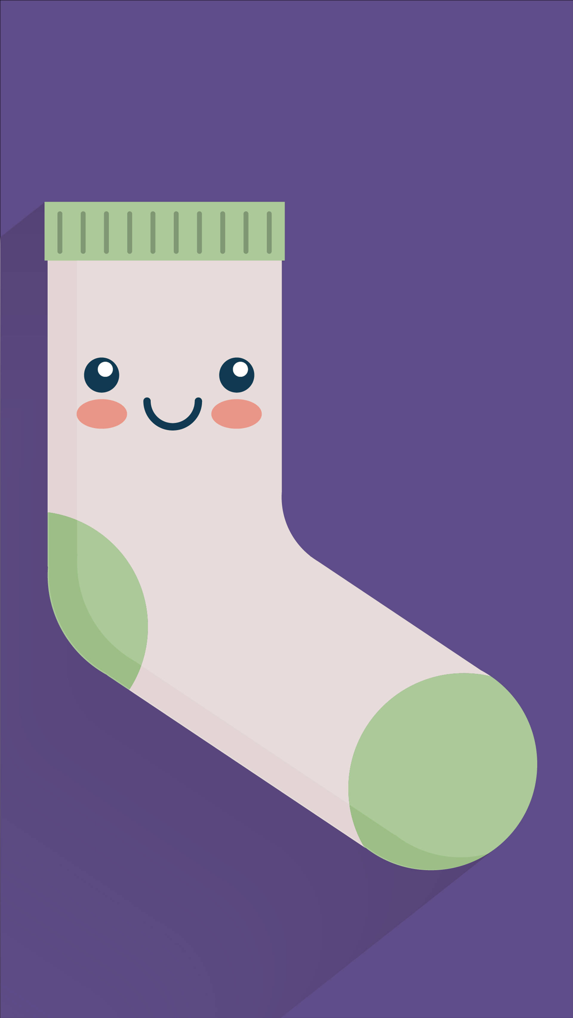 Smiling Sock, green accents, solid purple background, 2K Phone Wallpaper