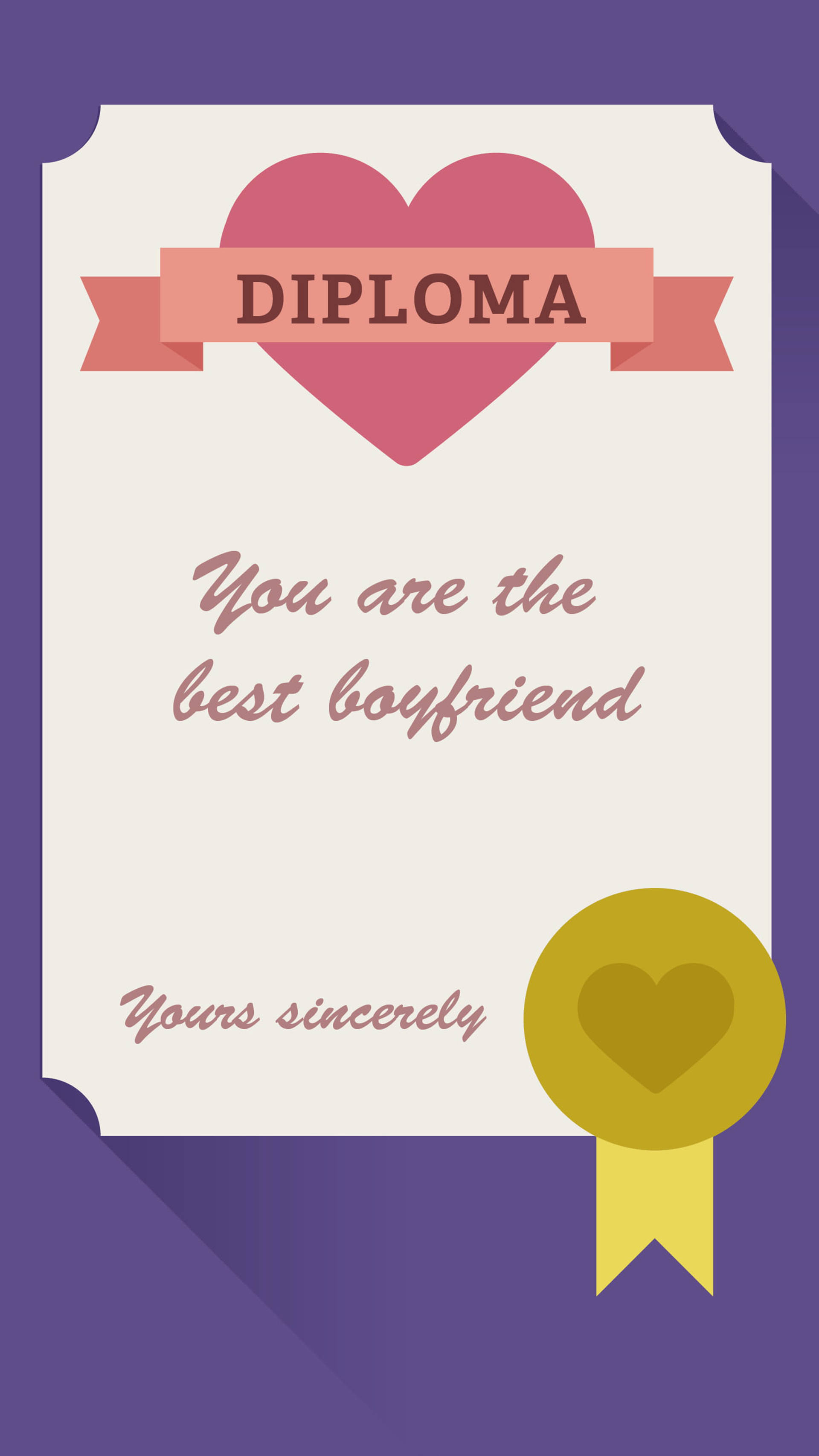 Best Boyfriend Diploma, pink heart ribbon, gold seal, 2K Phone Wallpaper