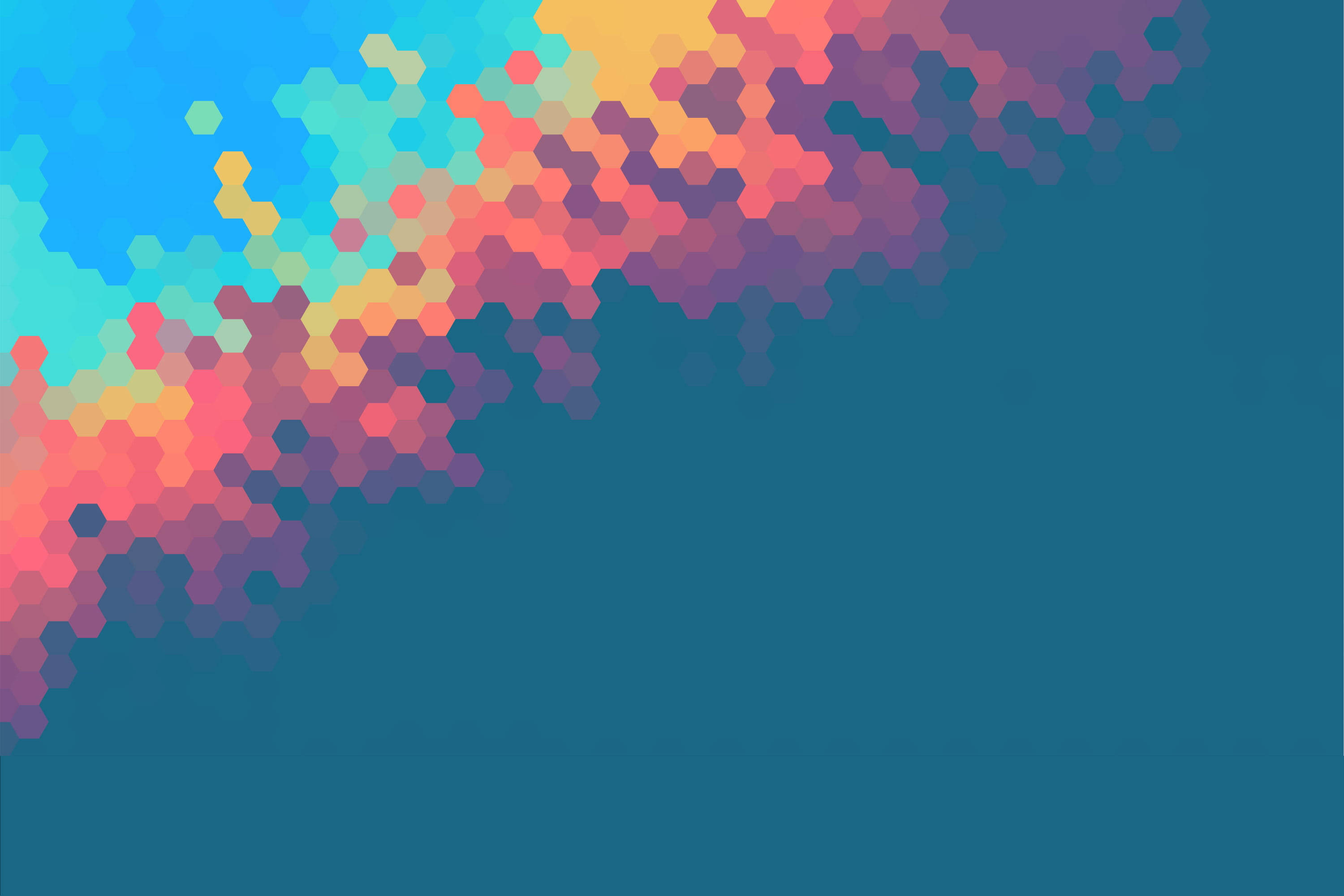 colorful hexagon, rainbow hues, teal background, 2K Desktop Wallpaper