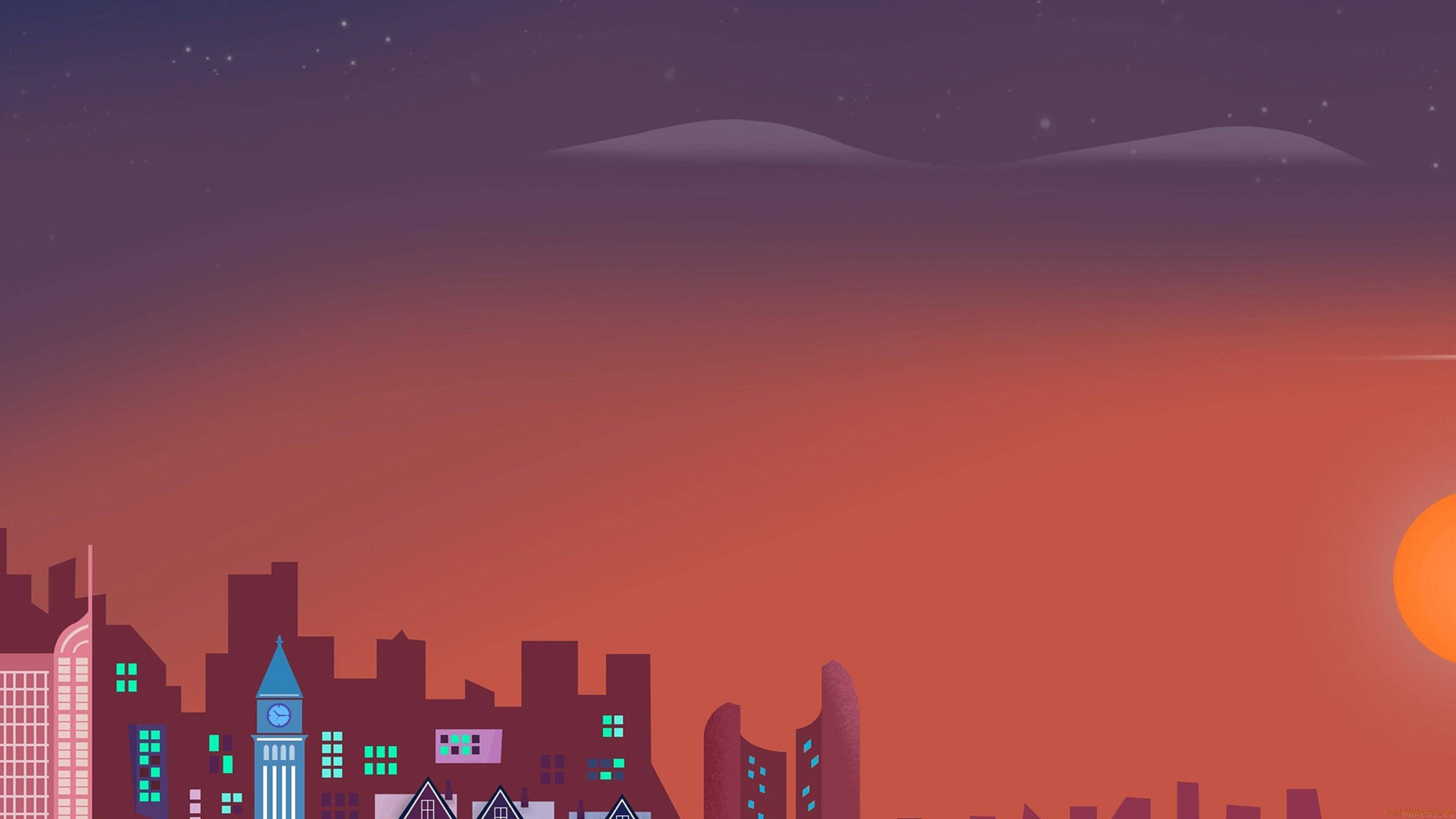 City Sunset, gradient purple orange sky, glowing windows, 4K Desktop Wallpaper