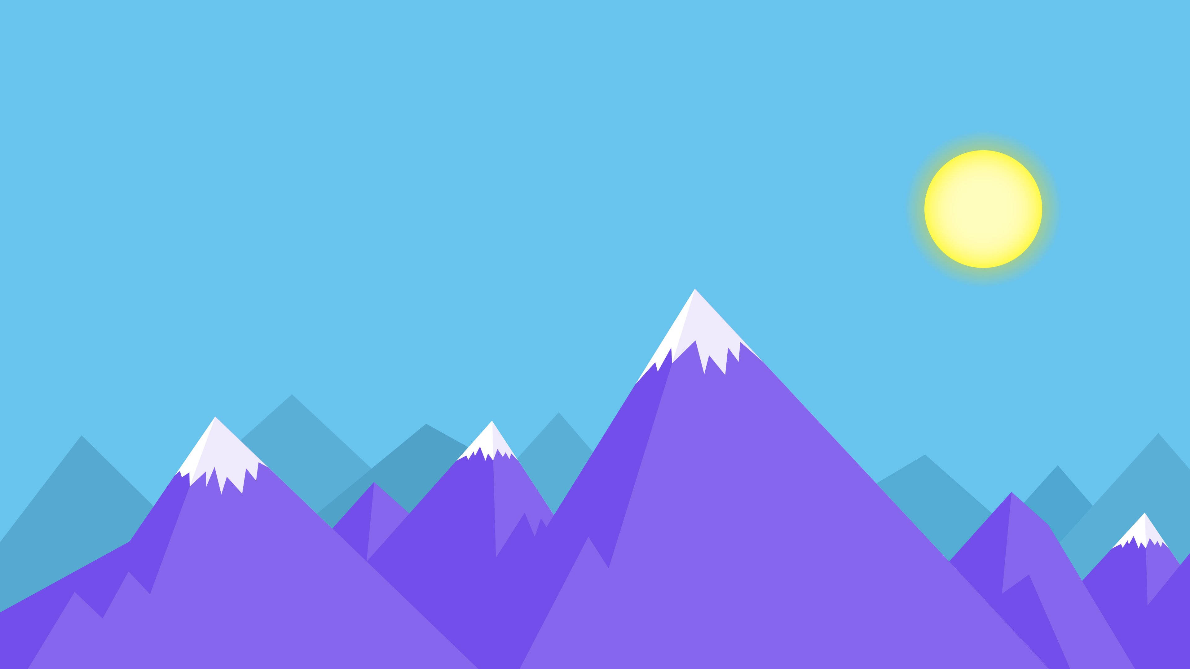 purple mountains, snow caps, bright yellow sun, 4K Desktop Wallpaper
