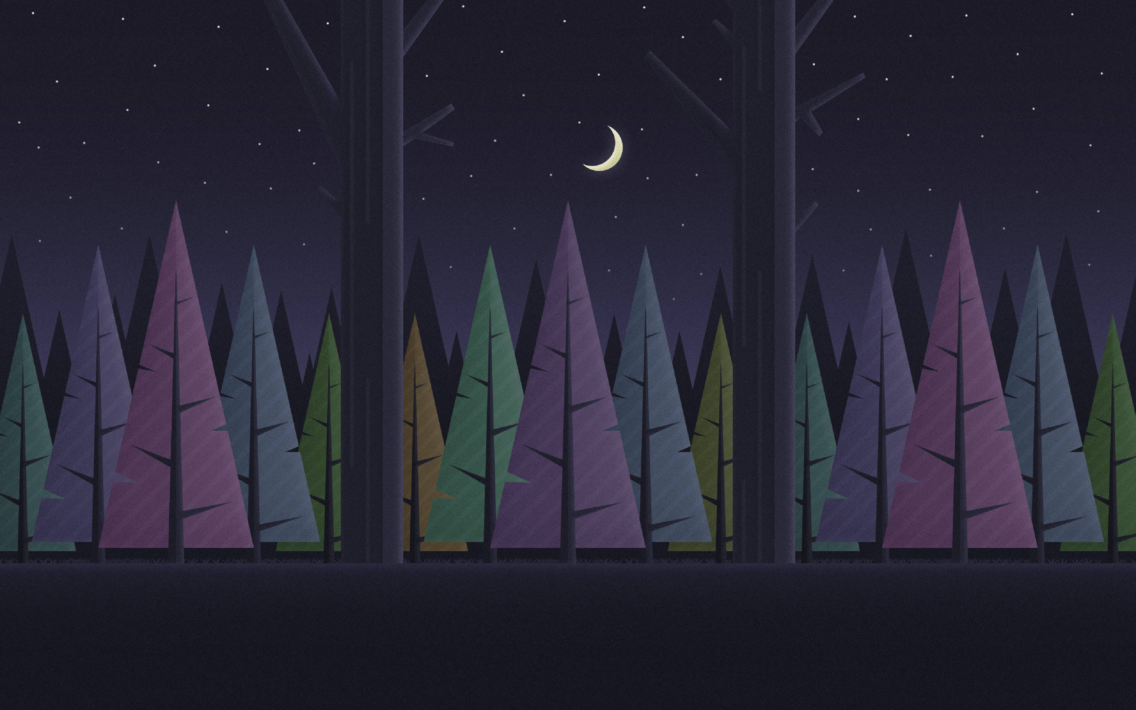 Night Forest, crescent moon, starry sky, 4K Desktop Wallpaper