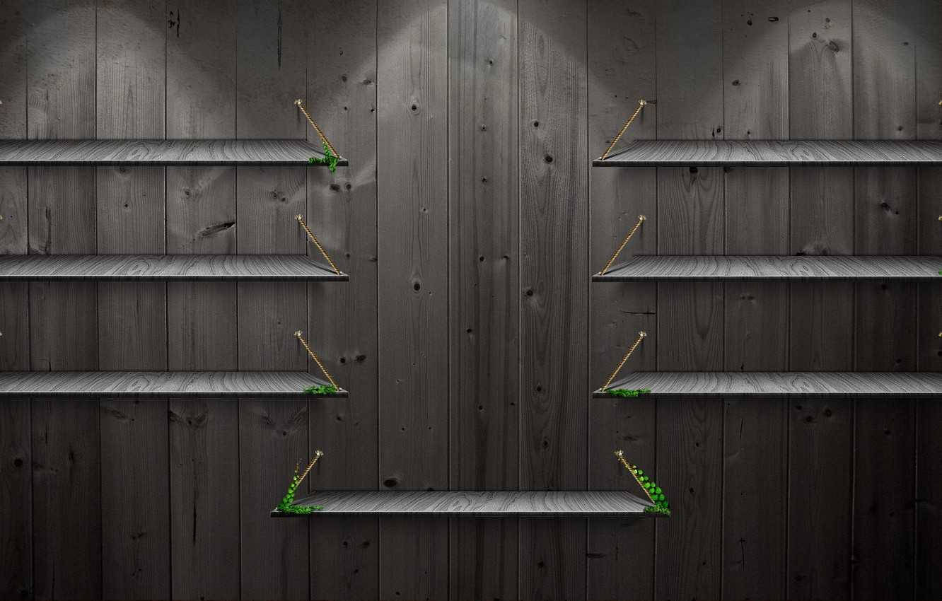 shelf desktop, gray wooden walls, dark wooden shelves, HD Desktop Wallpaper