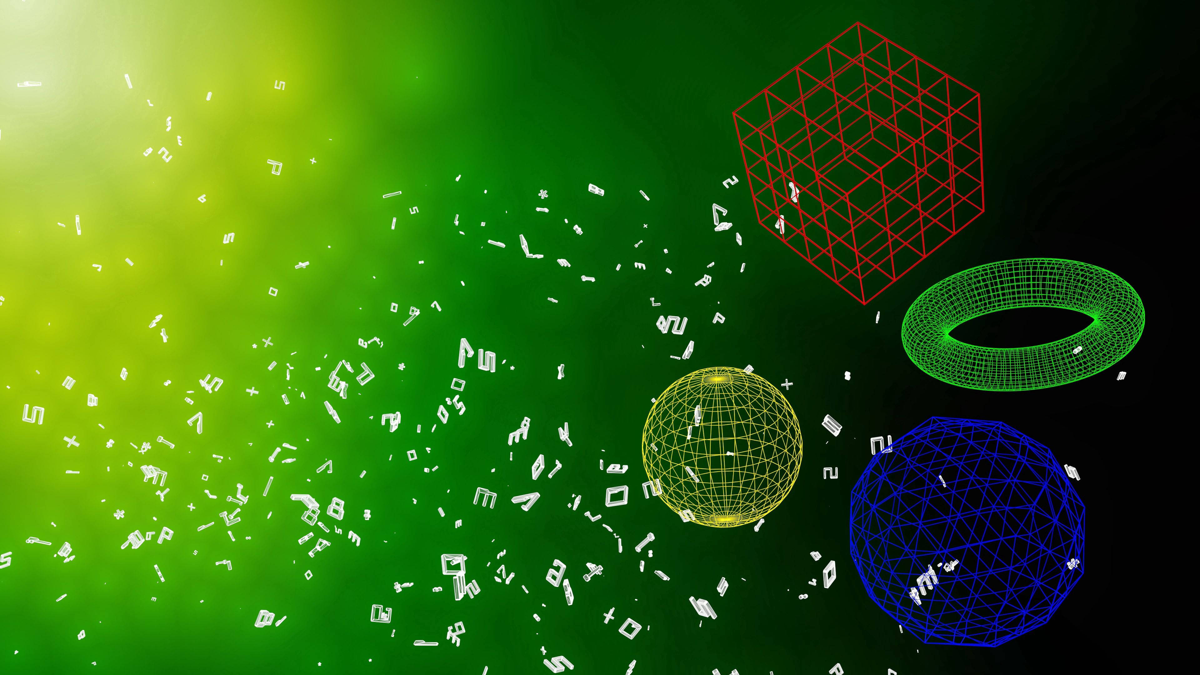 geometric shapes, wireframe, vibrant green gradient, 4K Desktop Wallpaper