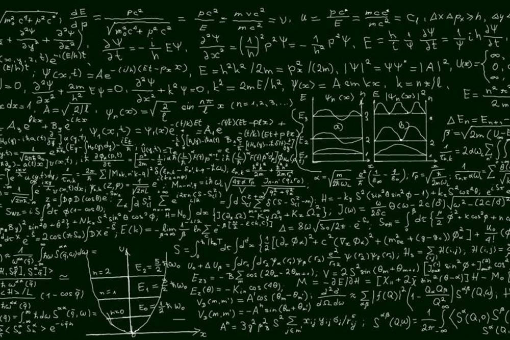 blackboard, complex physics equations, white chalk, SD Desktop Wallpaper