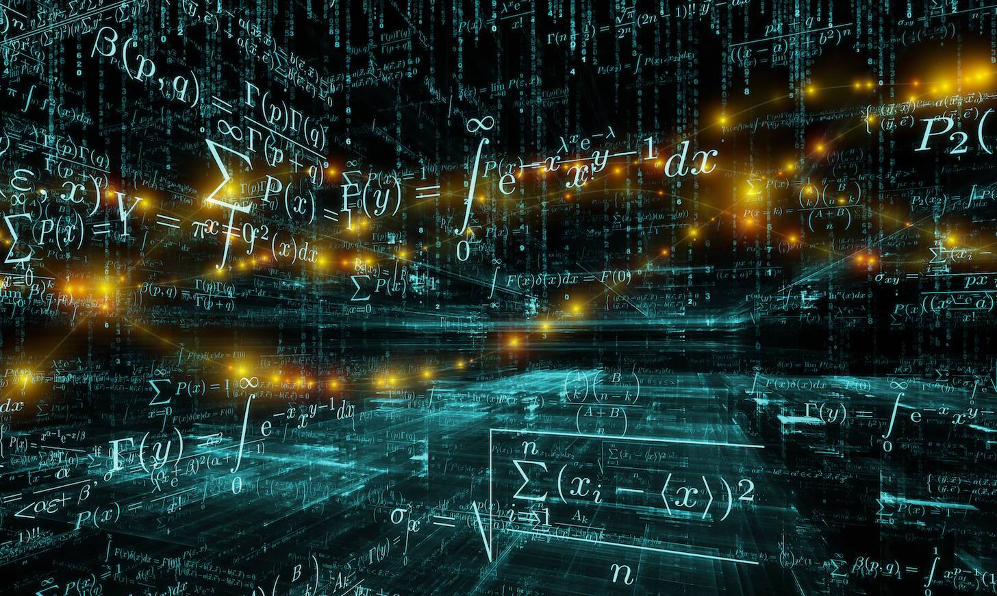 mathematical equations, golden particles, teal light, HD Desktop Wallpaper
