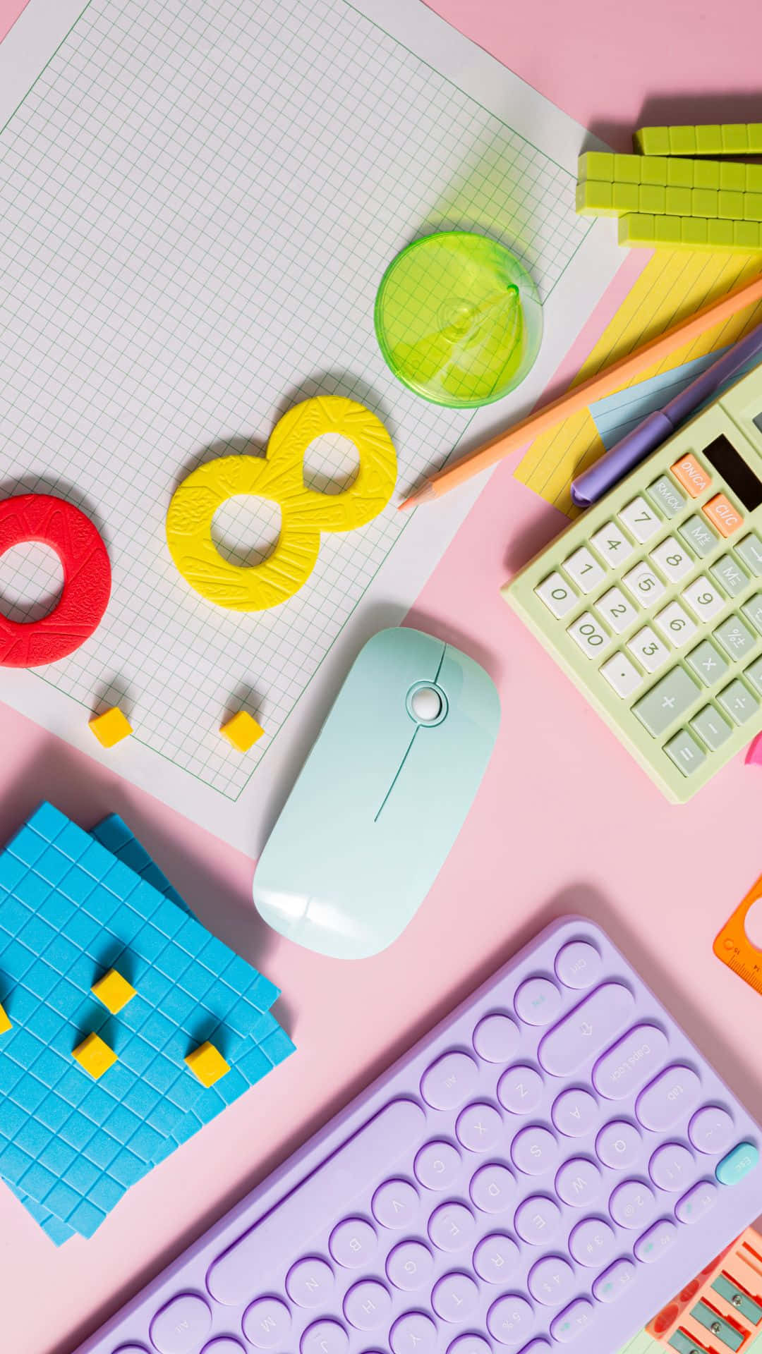 pink desk, grid paper calculator, colorful pens, Full HD Phone Wallpaper