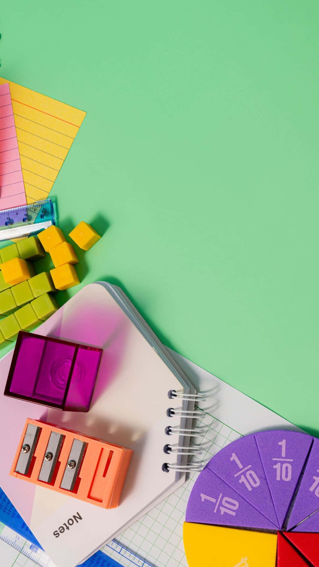 purple pencil sharpener, yellow sticky notes, colorful fraction wheel, Full HD Phone Wallpaper