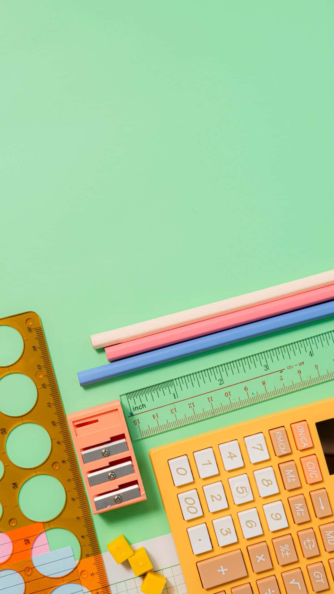 pastel school supplies, yellow calculator, ruler, Full HD Phone Wallpaper