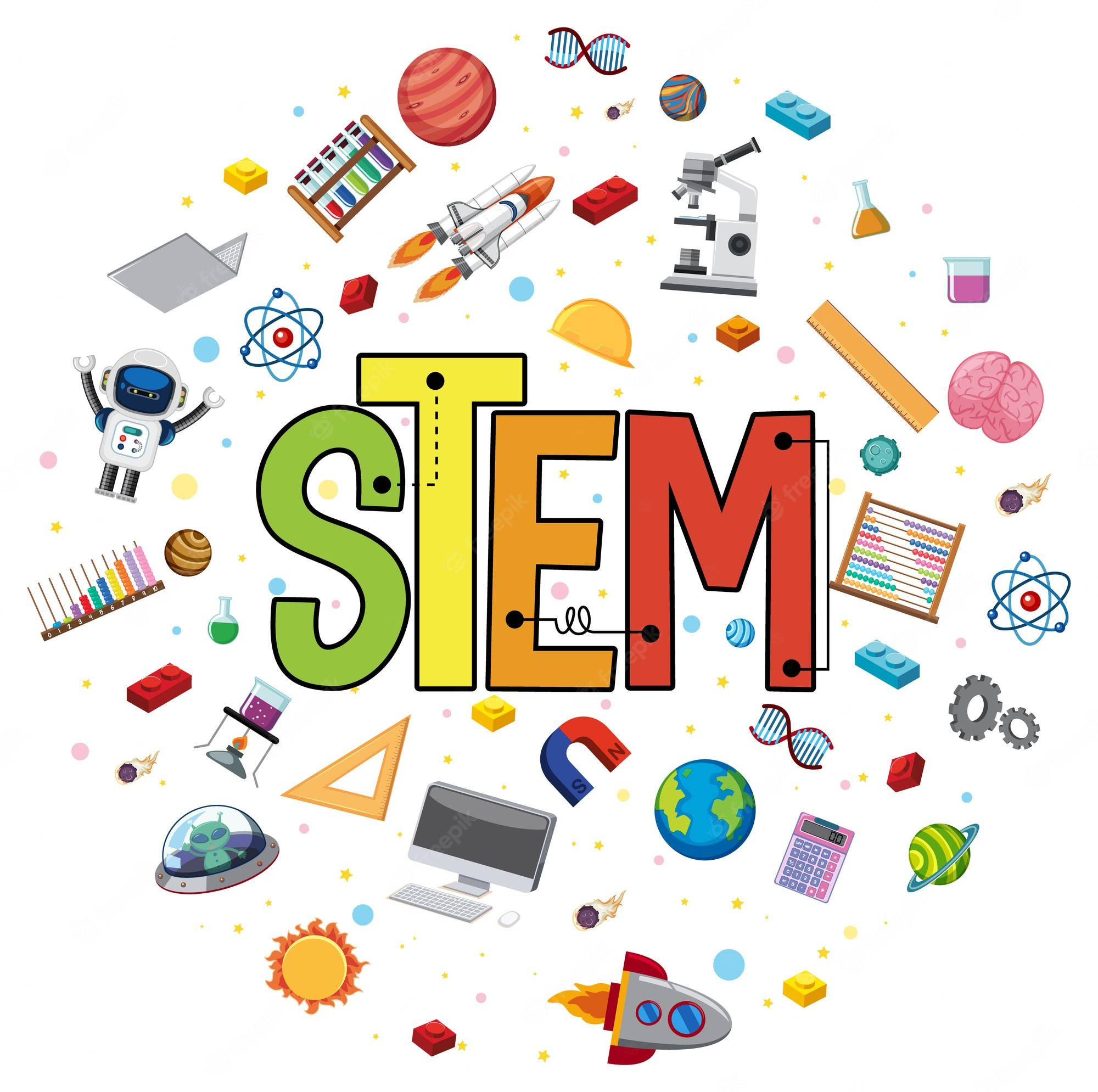 STEM letters, science math and tech icons, white background, Full HD Desktop Wallpaper