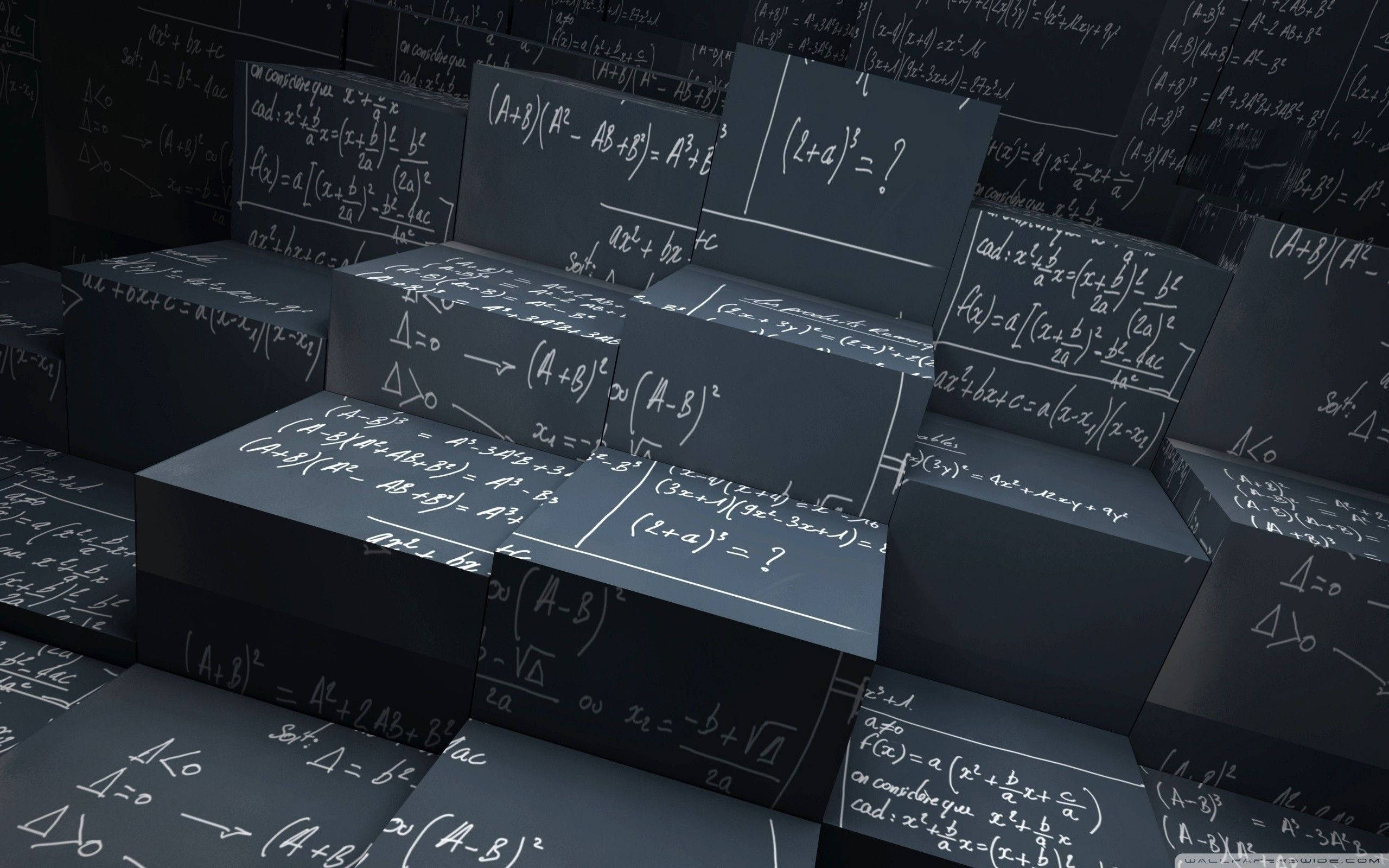 folding math artwork, dark gray blocks, glowing white mathematical equations, 2K Desktop Wallpaper