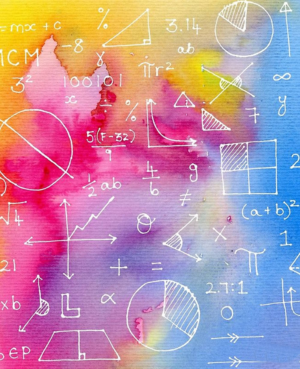 watercolor gradient background, hand-drawn math equations, geometric shapes, SD Phone Wallpaper