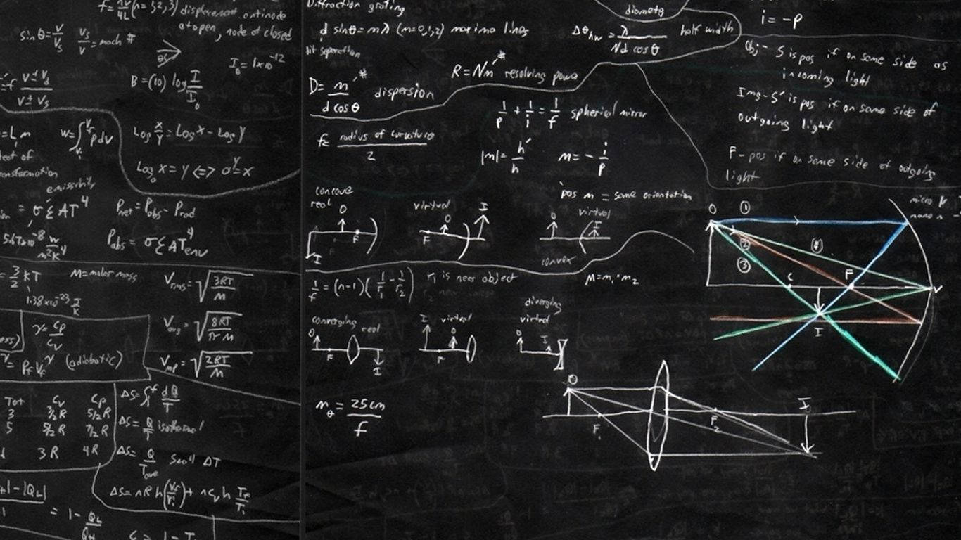 blackboard, handwritten physics equations, ray diagrams, HD Desktop Wallpaper