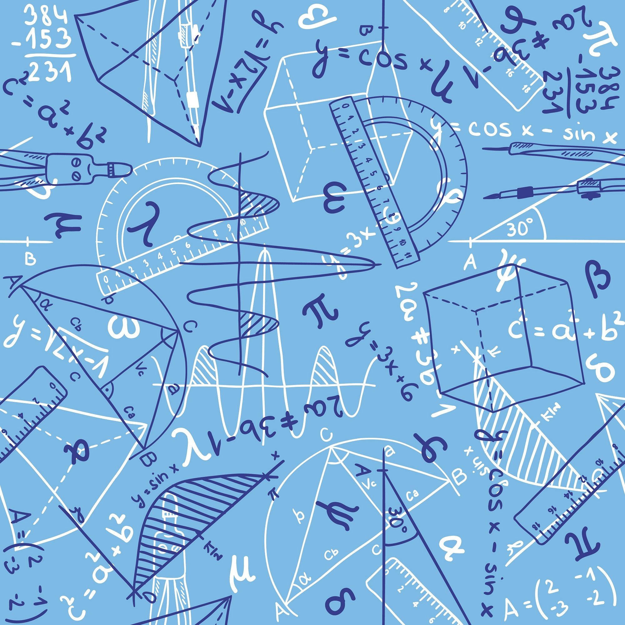 blue background, hand-drawn math equations, geometric shapes, Full HD Desktop Wallpaper
