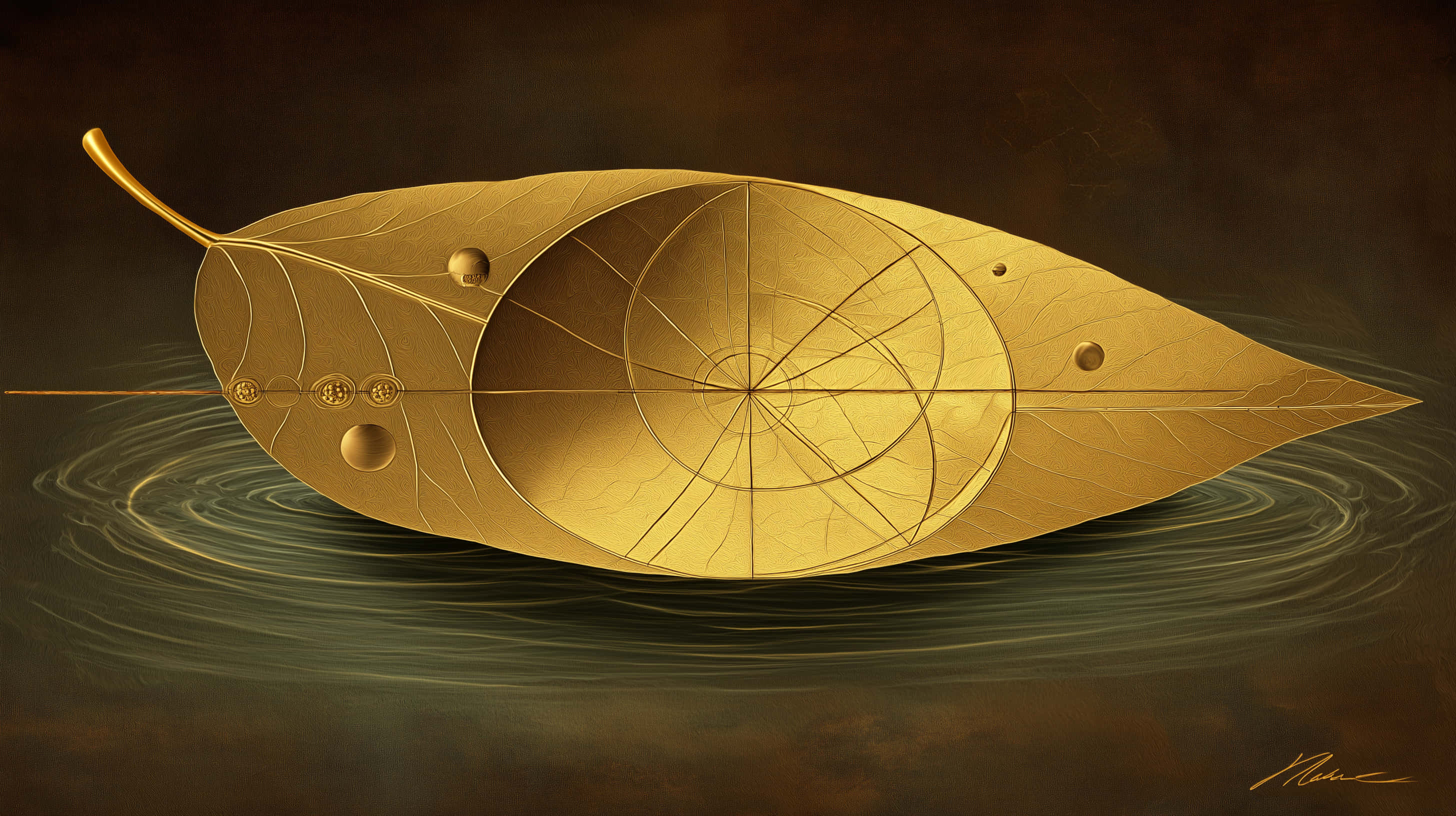 cosmic golden leaf, golden ratio swirls, dark water, 2K Desktop Wallpaper