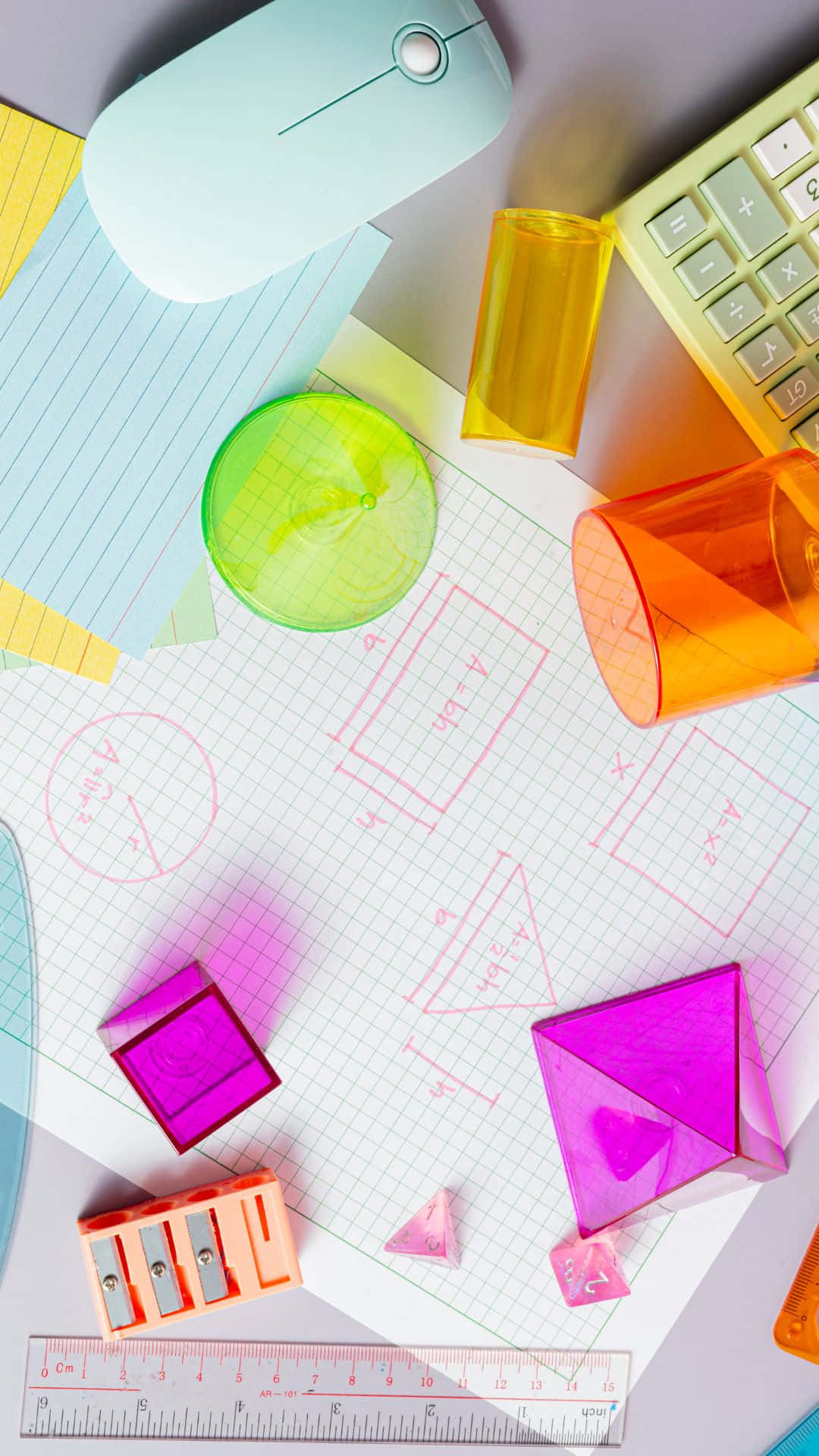 colorful geometric shapes, rulers, math tools, Full HD Phone Wallpaper