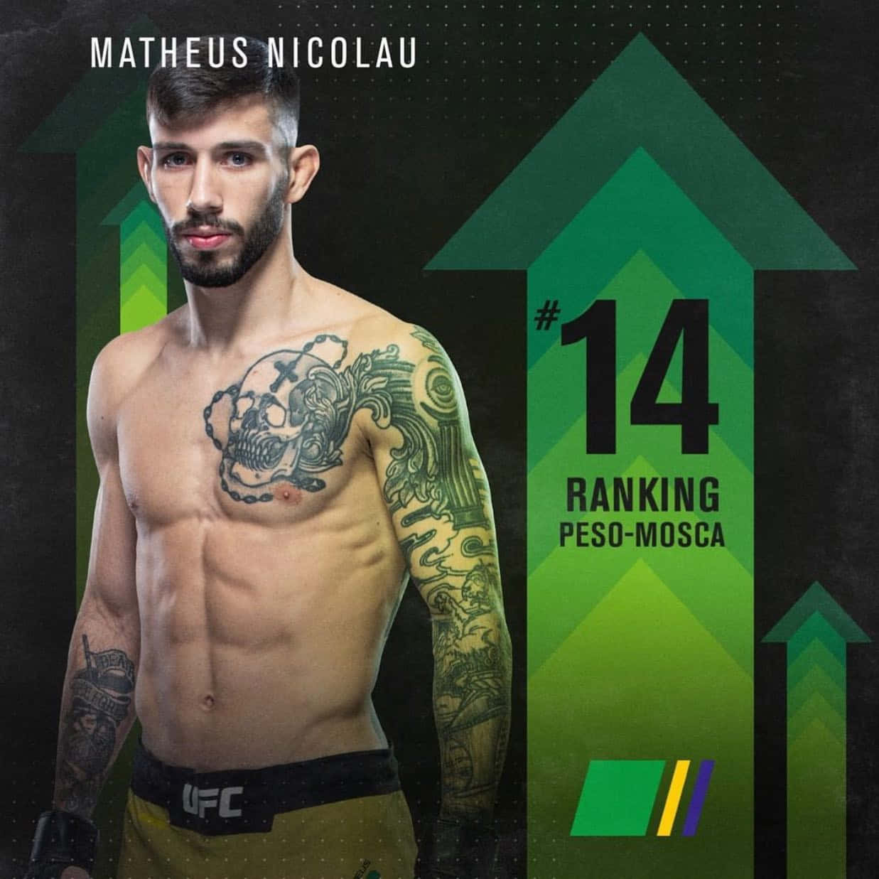 Matheus Nicolau, UFC ranking 14th in peso-mosca, green arrow graphic, SD Desktop Wallpaper