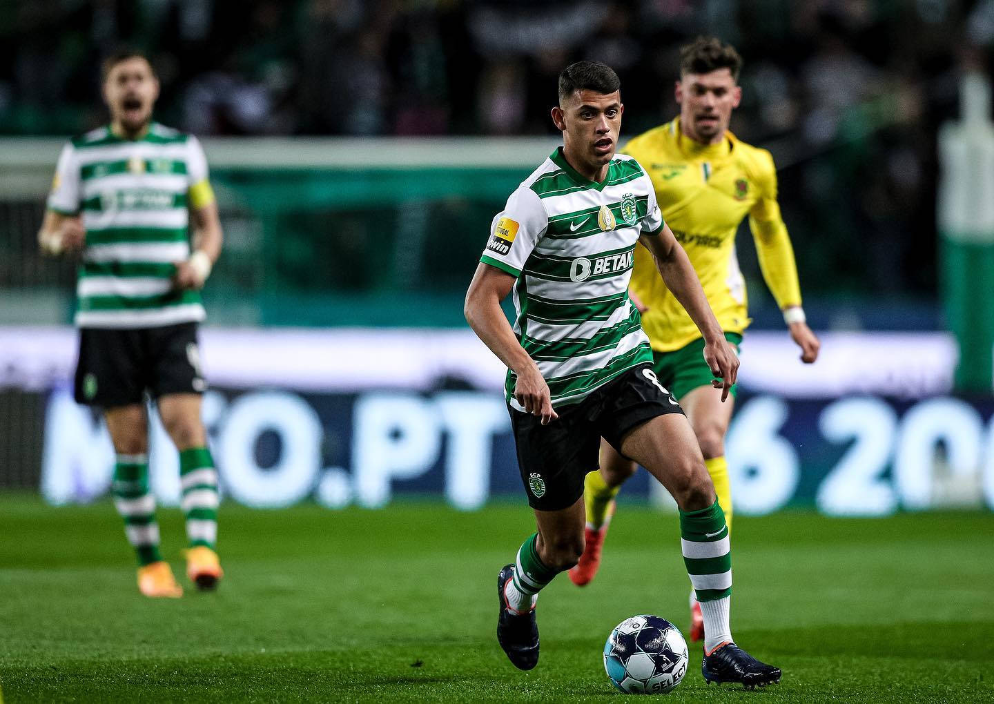 Matheus Nunes, green and white stripes, vibrant green pitch, HD Desktop Wallpaper