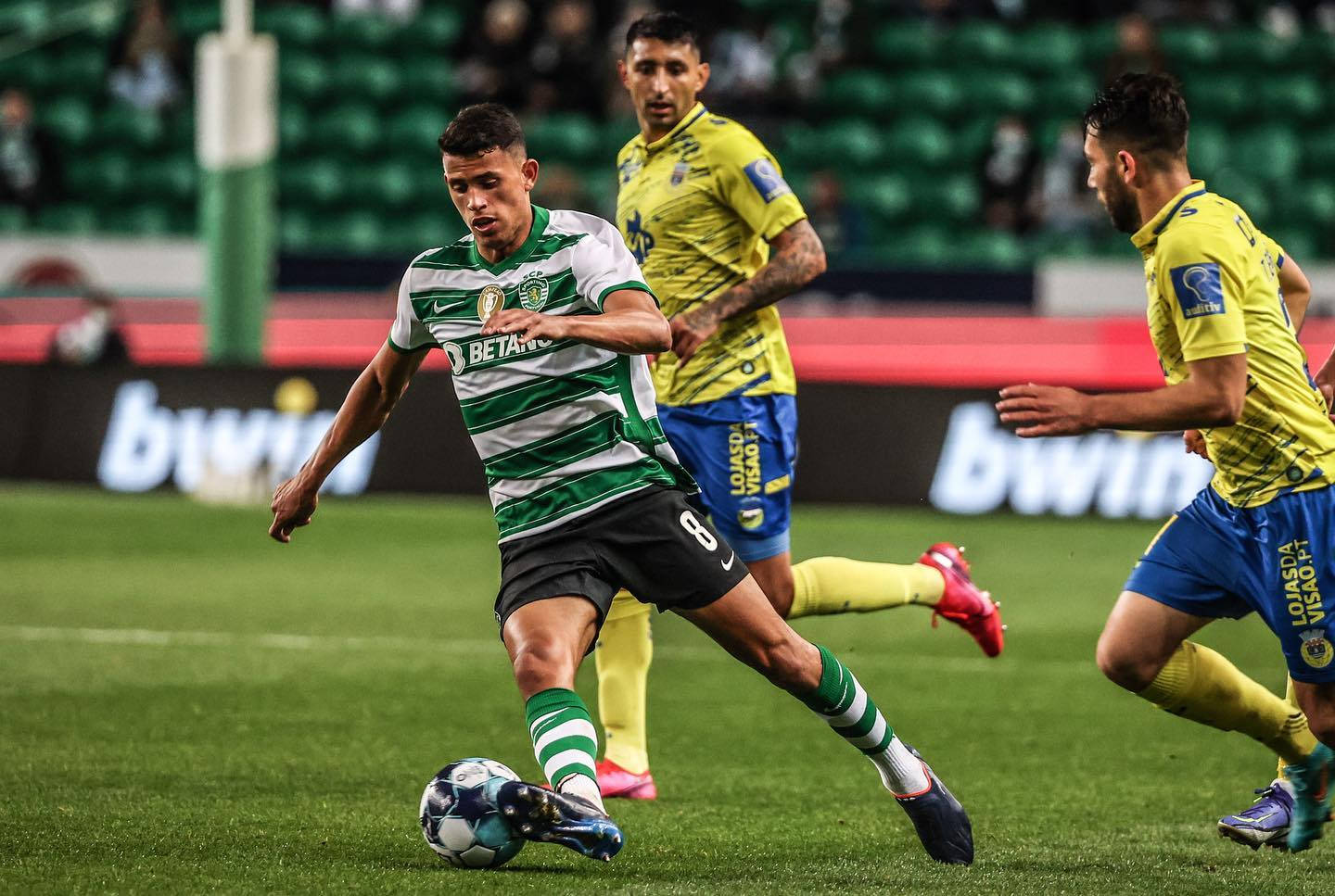Matheus Nunes, green and white stripes, yellow jerseys, HD Desktop Wallpaper