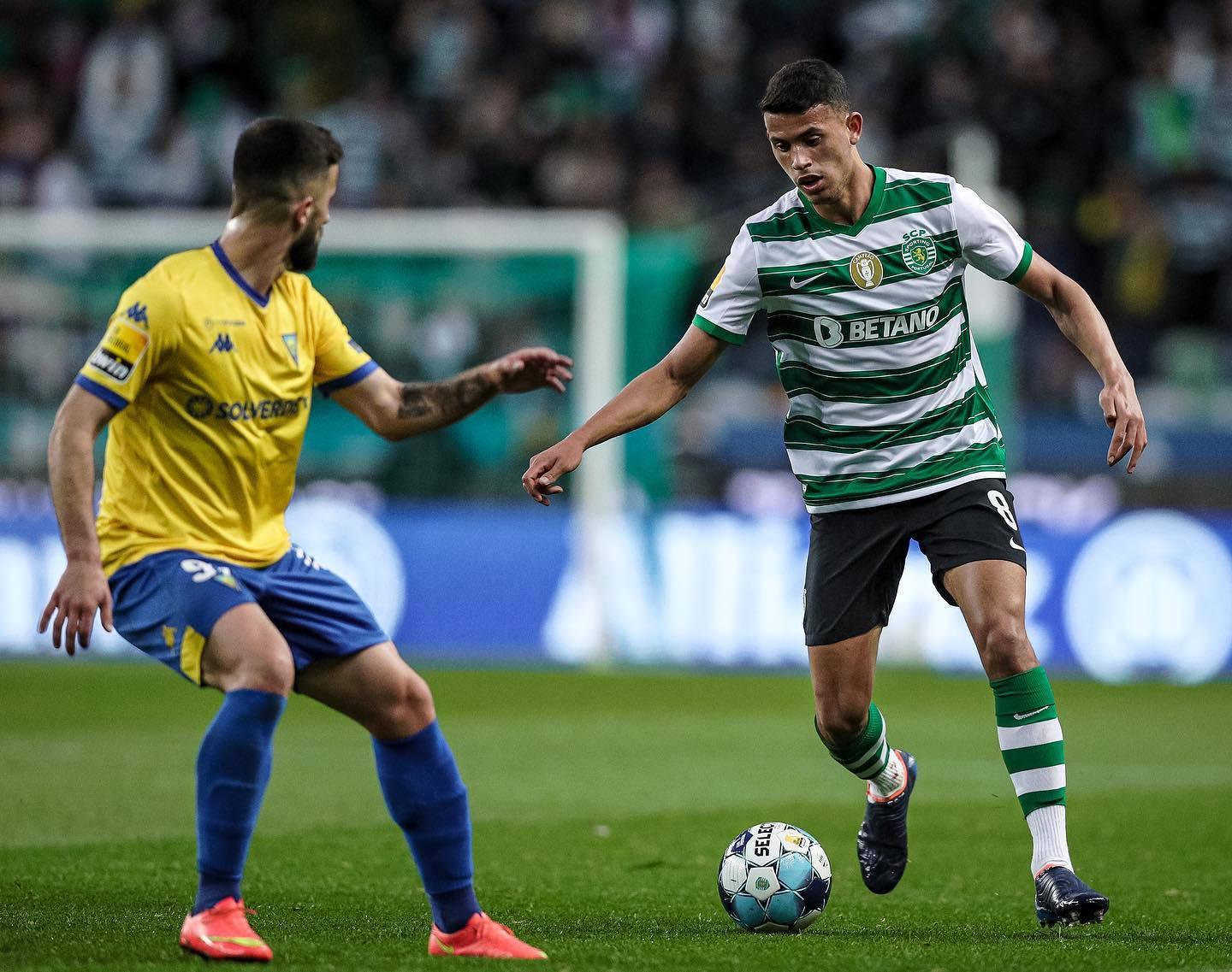 Matheus Nunes, green and white stripes, defender in yellow, HD Desktop Wallpaper