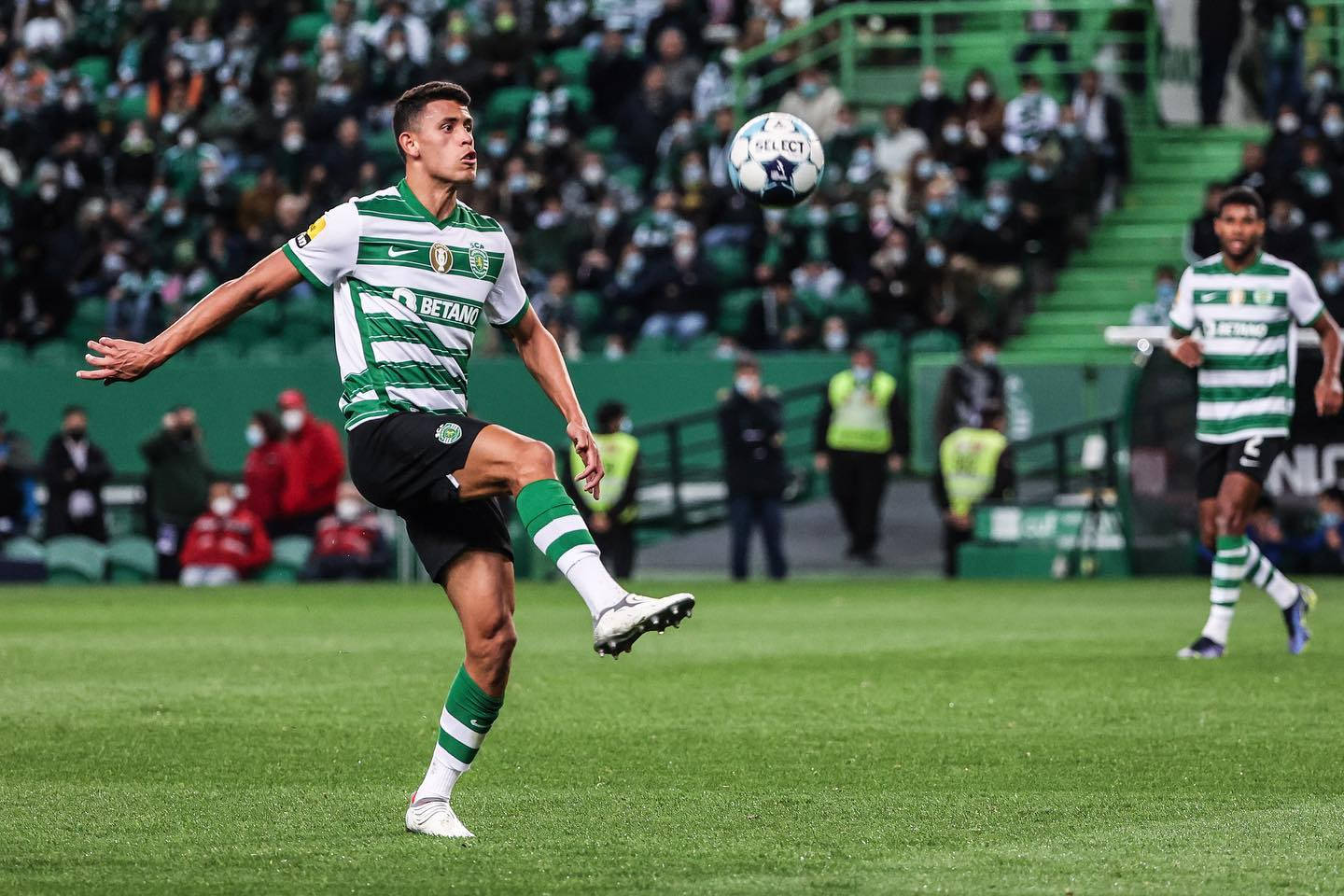 Matheus Nunes, green and white stripes, vibrant green pitch, HD Desktop Wallpaper