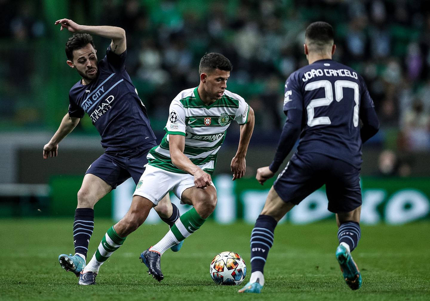 Matheus Nunes, green and white stripes, dark blue jerseys, HD Desktop Wallpaper