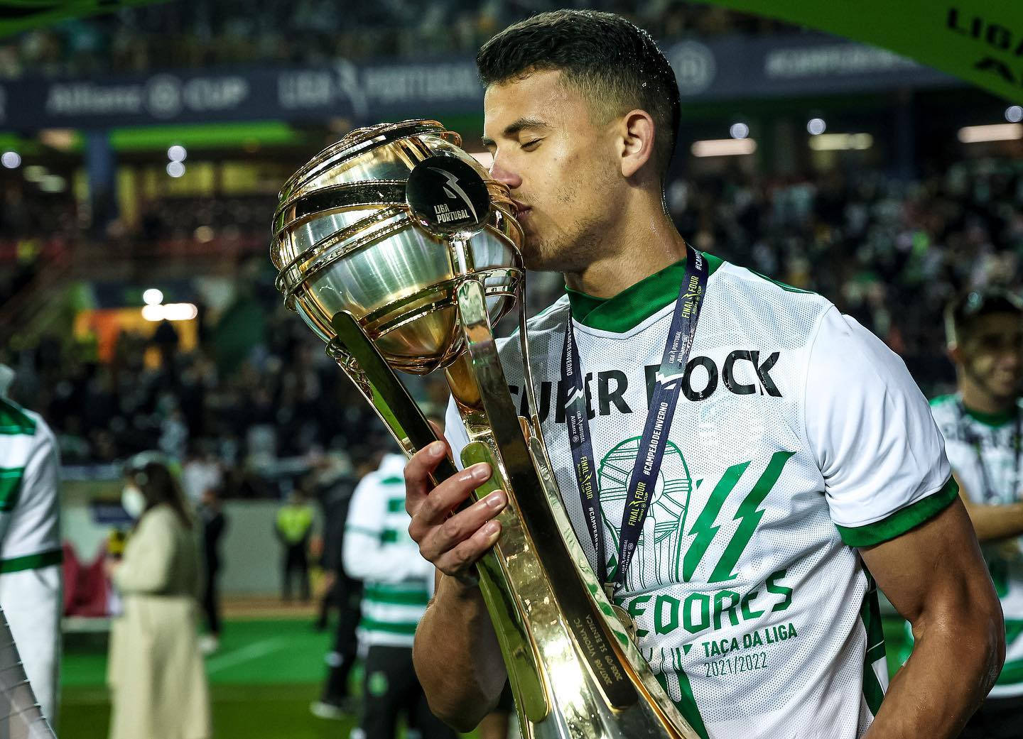 Matheus Nunes, gleaming golden trophy, stadium field, HD Desktop Wallpaper