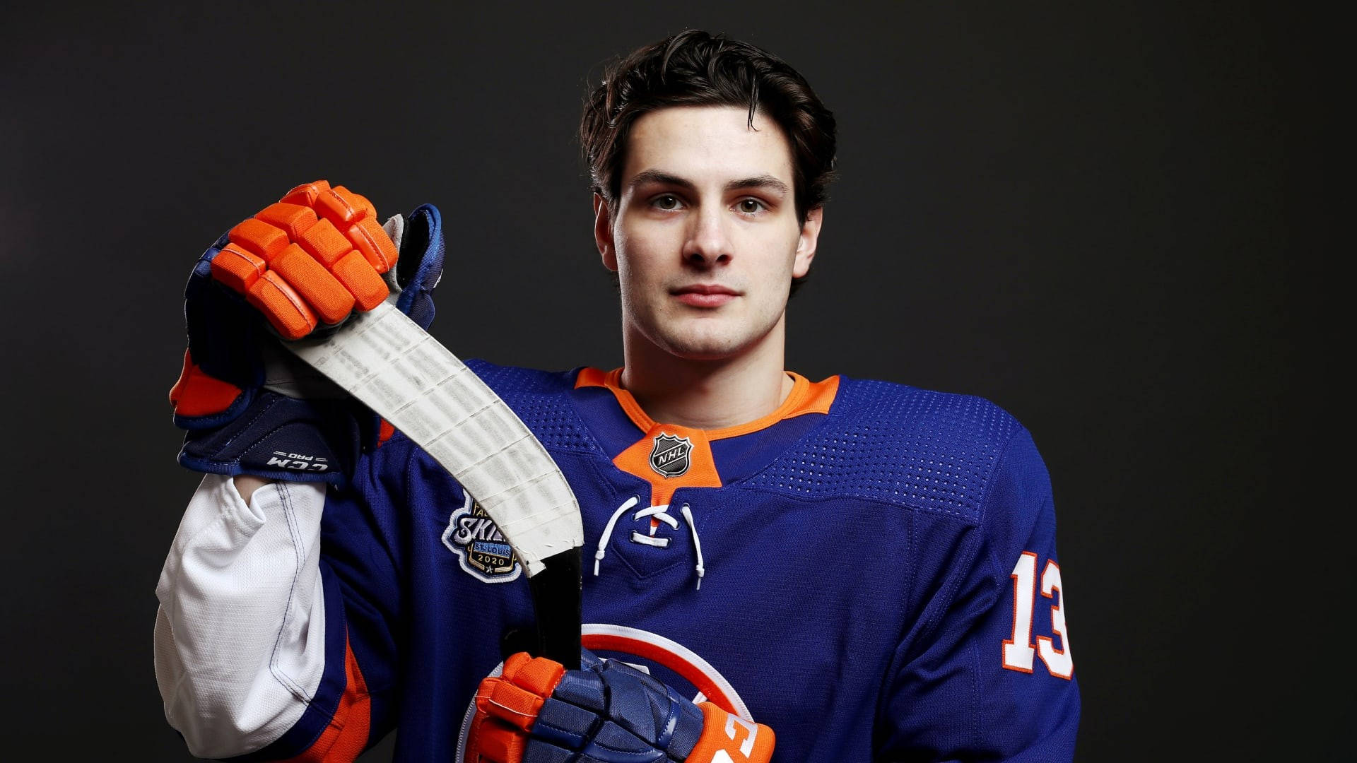 Mathew Barzal, blue and orange jersey, stick, Full HD Desktop Wallpaper
