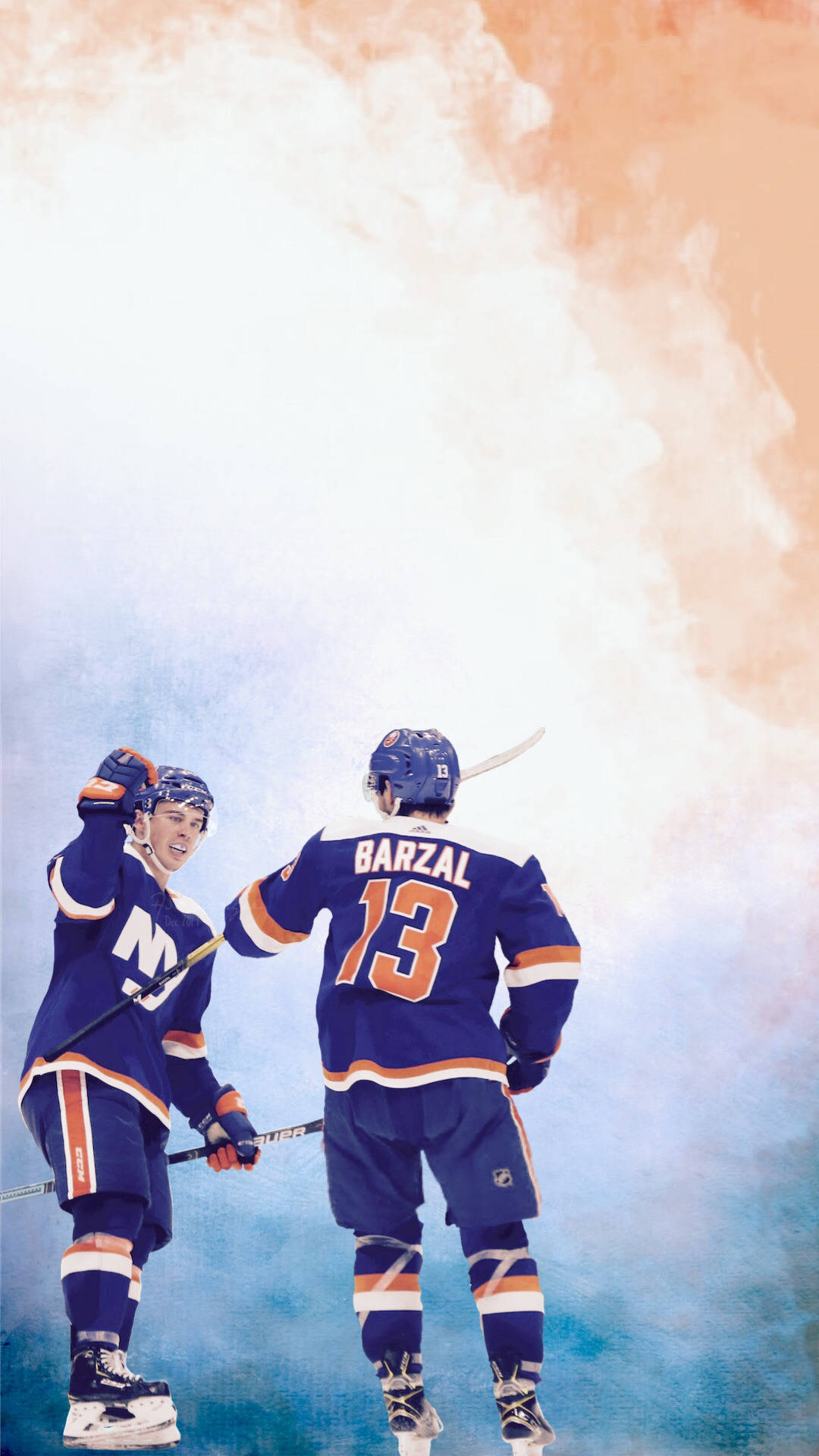 Mathew Barzal, blue and orange jerseys, swirling blue and orange smoke, Full HD Phone Wallpaper