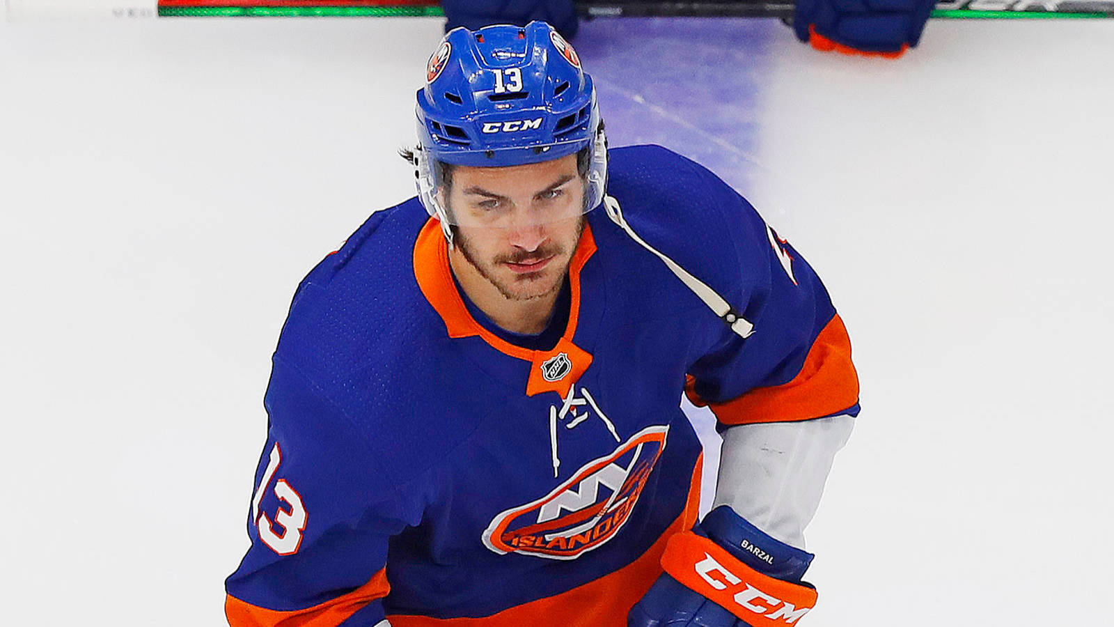 Mathew Barzal, blue and orange Islanders jersey, ice rink, HD Desktop Wallpaper