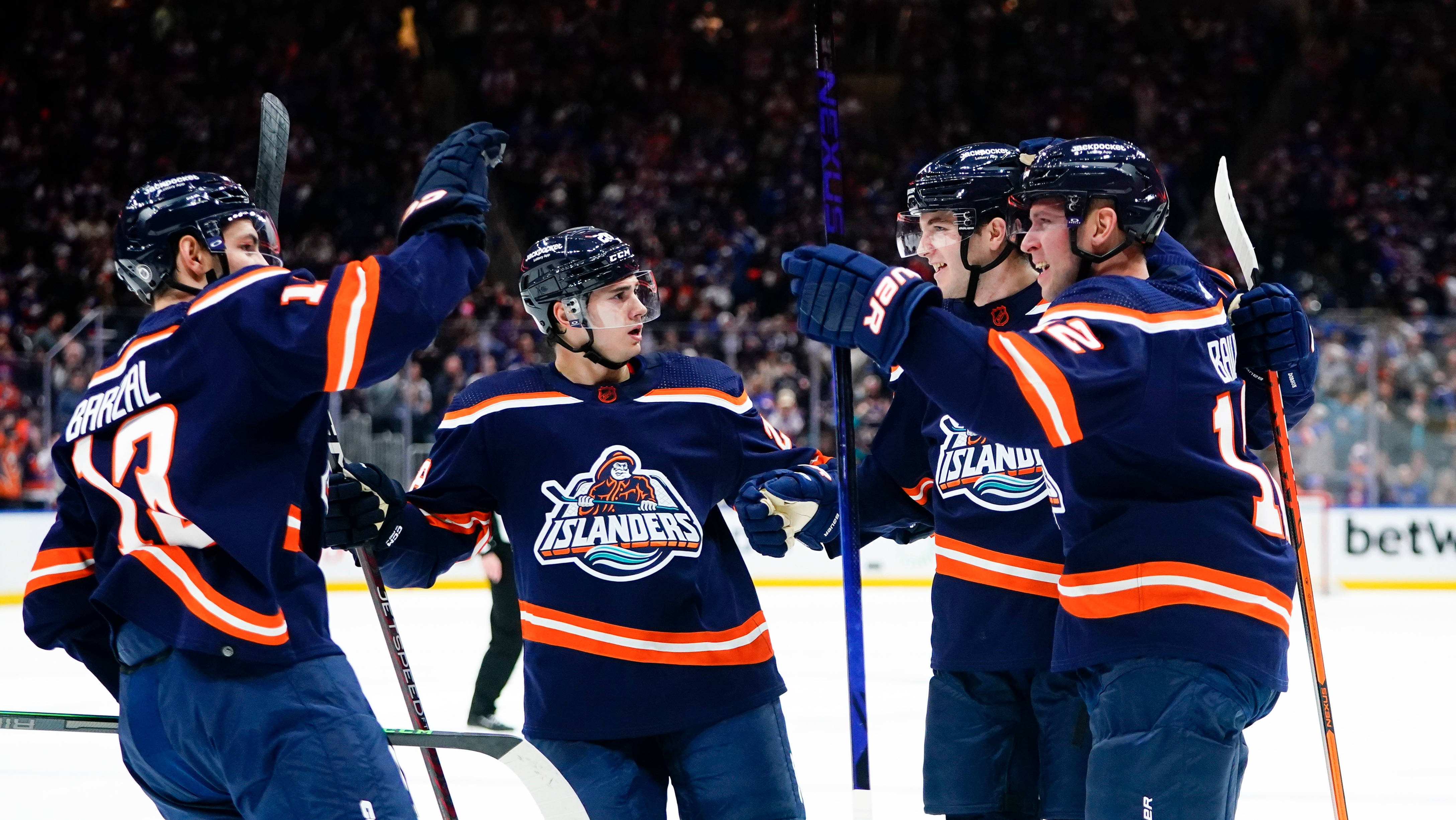 Mathew Barzal, blue and orange jerseys, goal celebration, 4K Desktop Wallpaper