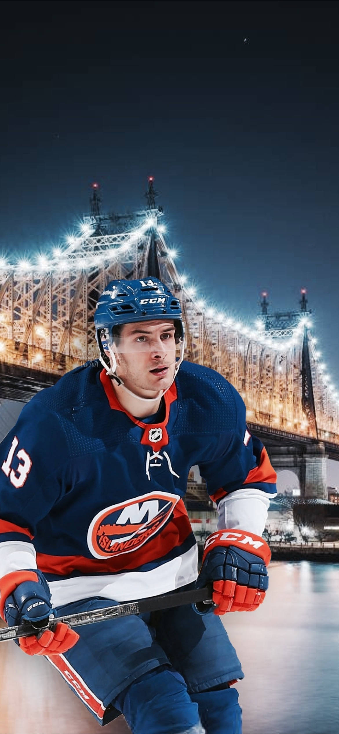 Mathew Barzal, blue jersey, brightly lit bridge, Full HD Phone Wallpaper