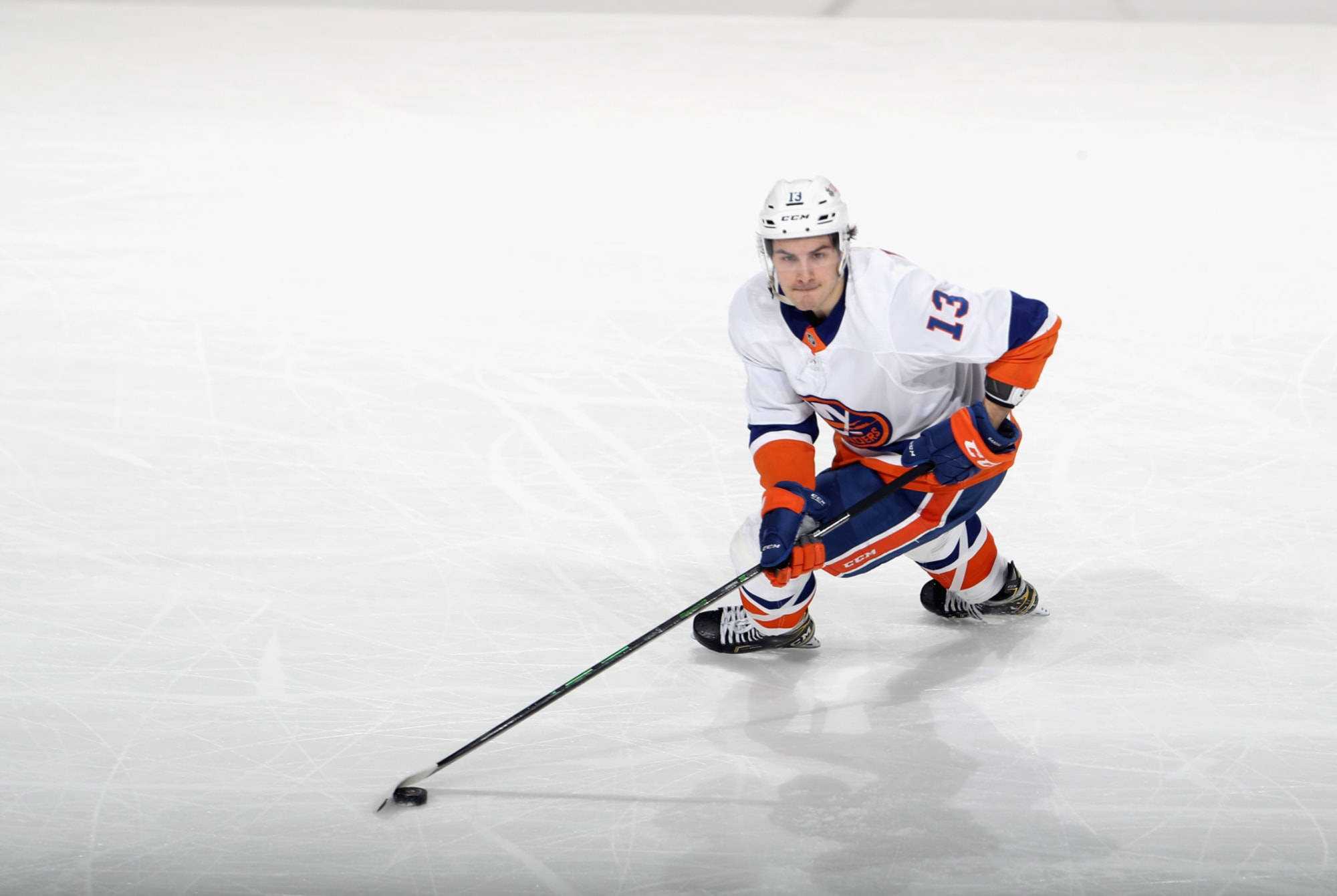 Mathew Barzal, white orange and blue uniform, hockey player, Full HD Desktop Wallpaper