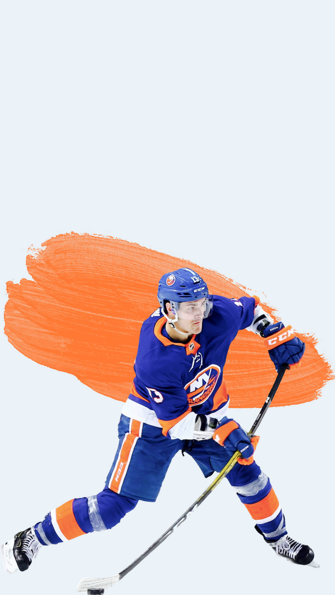 Mathew Barzal, blue and orange gear, bold orange brushstroke, Full HD Phone Wallpaper