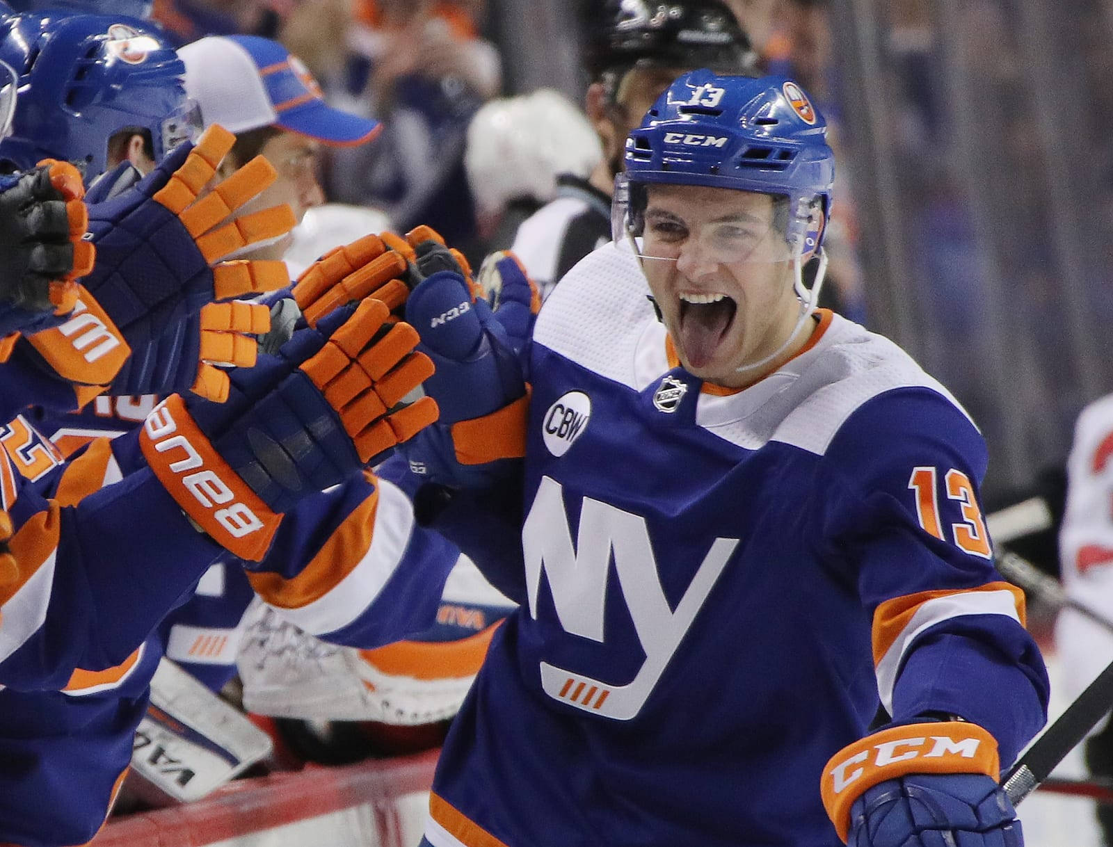Mathew Barzal, blue and orange uniform, open mouth, HD Desktop Wallpaper