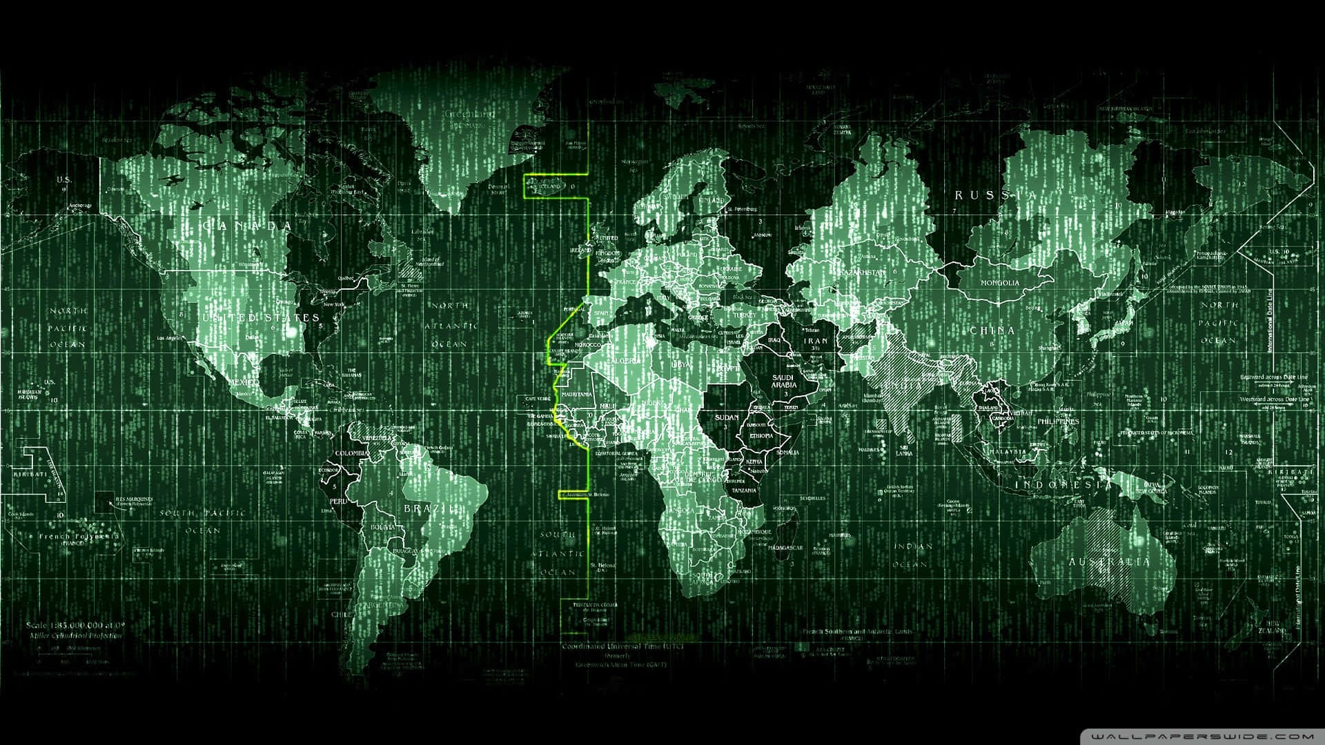 Matrix Code, green world map, dark background, Full HD Desktop Wallpaper