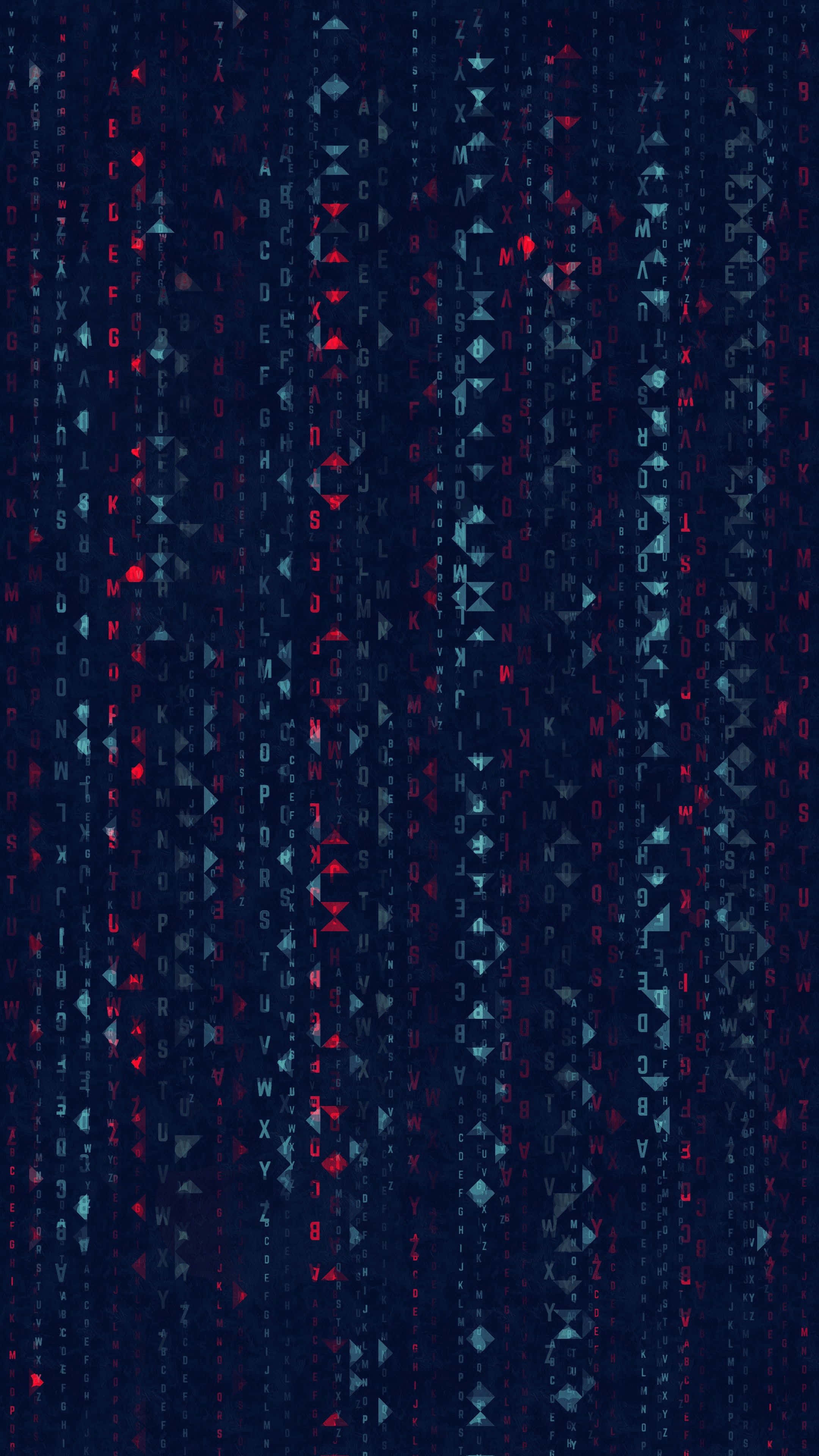 Matrix Code, deep navy background, glowing red and teal symbols, 4K Phone Wallpaper