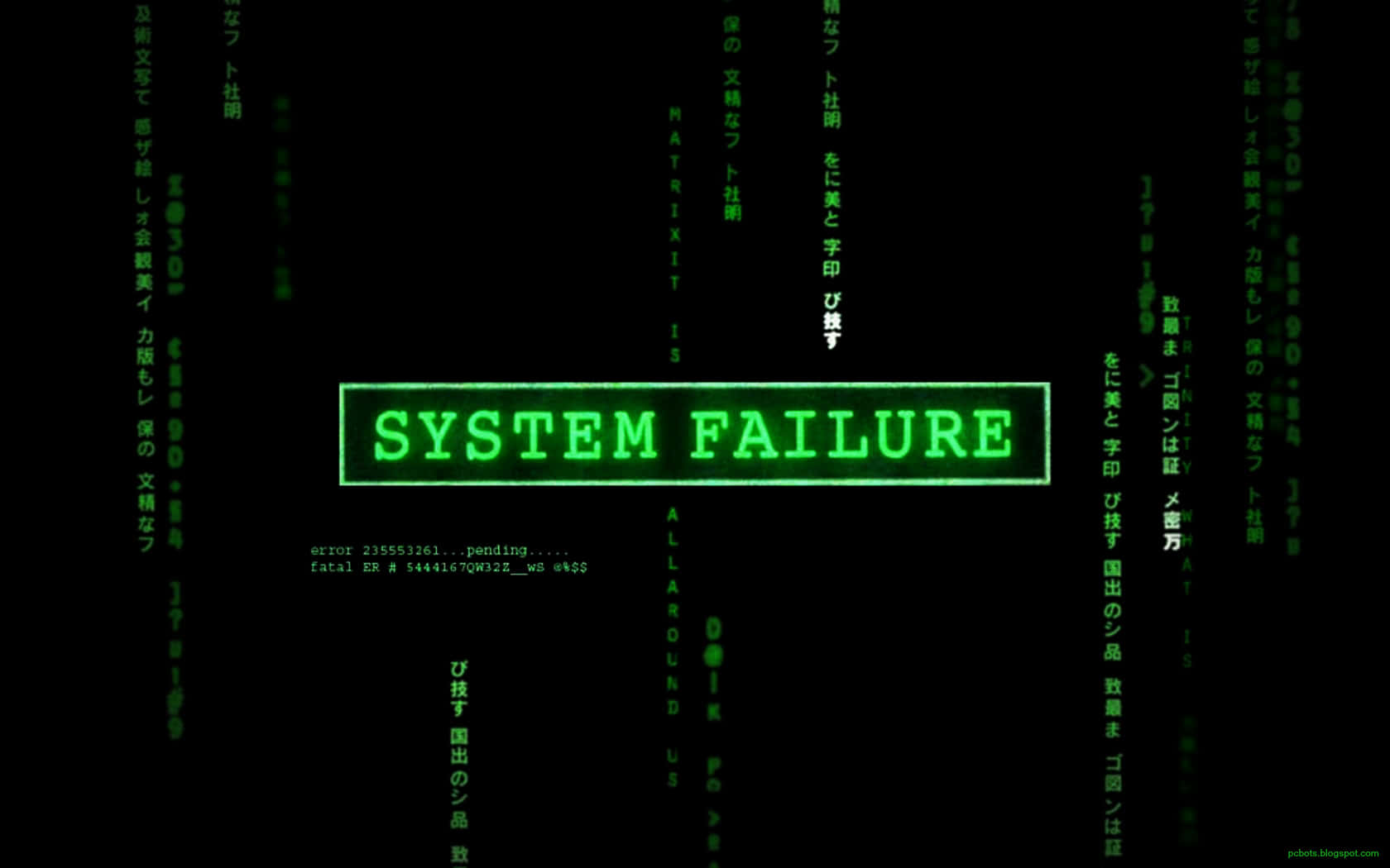 Matrix, glowing green text, SYSTEM FAILURE, HD Desktop Wallpaper