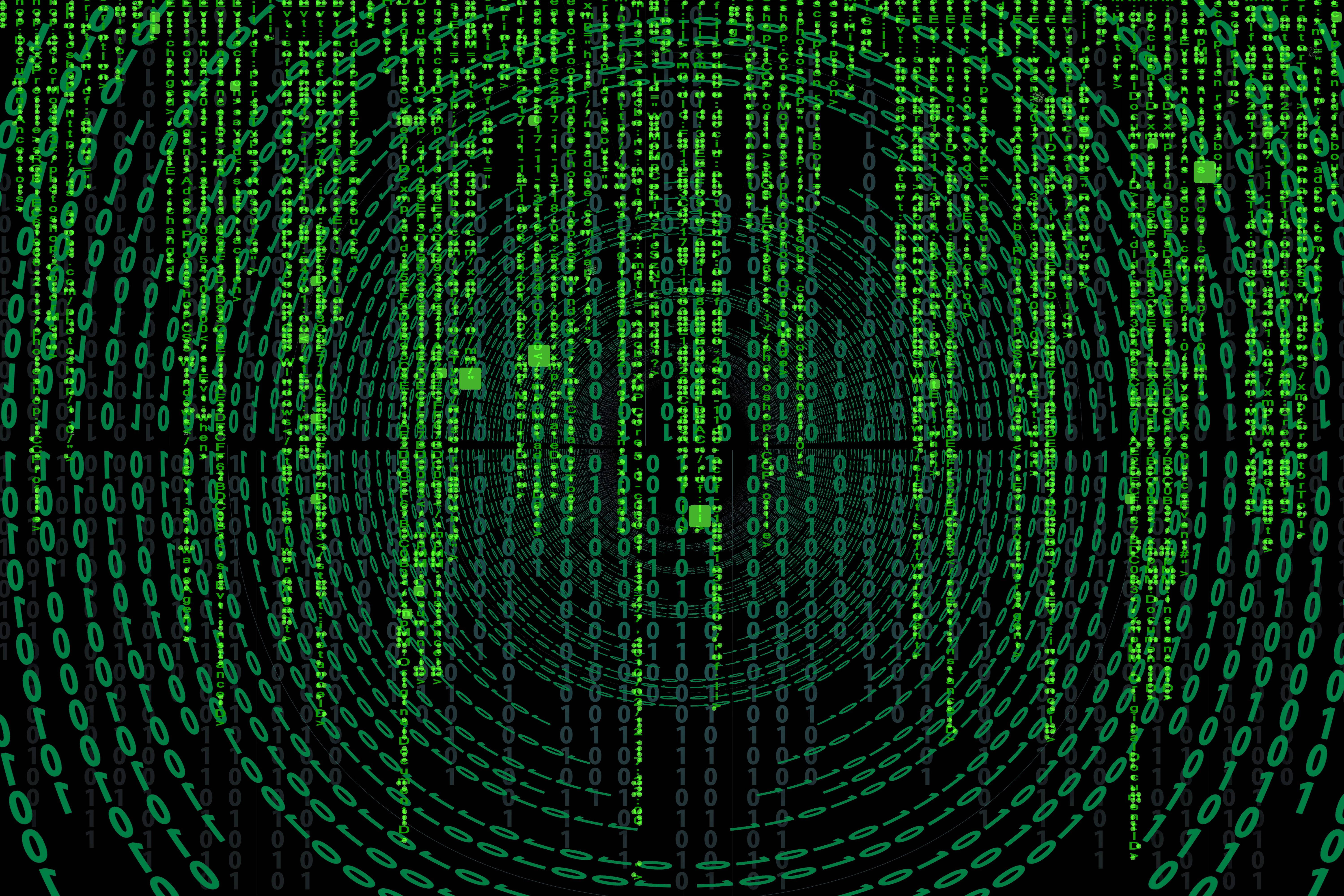 Matrix, green binary code, black digital tunnel, 5K Desktop Wallpaper