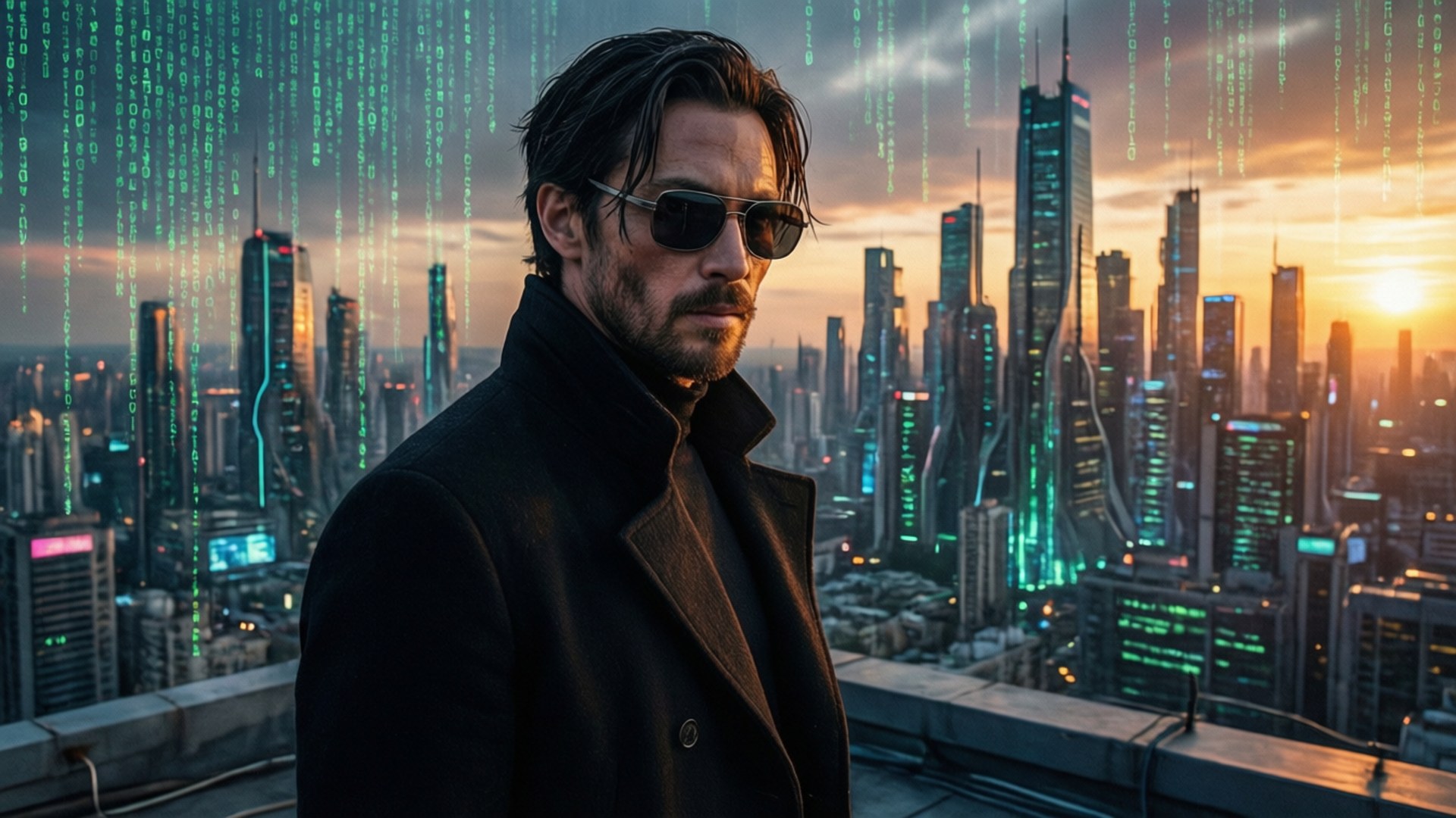 rooftop, futuristic city, green digital rain, Full HD Desktop Wallpaper