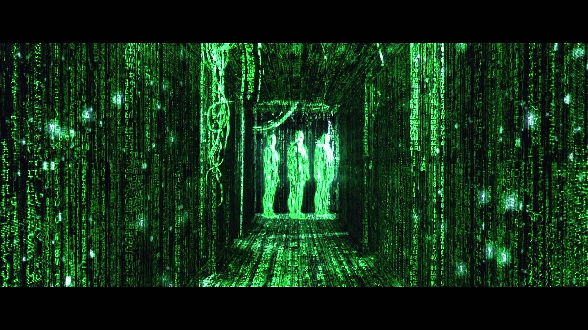 green matrix hallway, falling green code, black void, Full HD Desktop Wallpaper