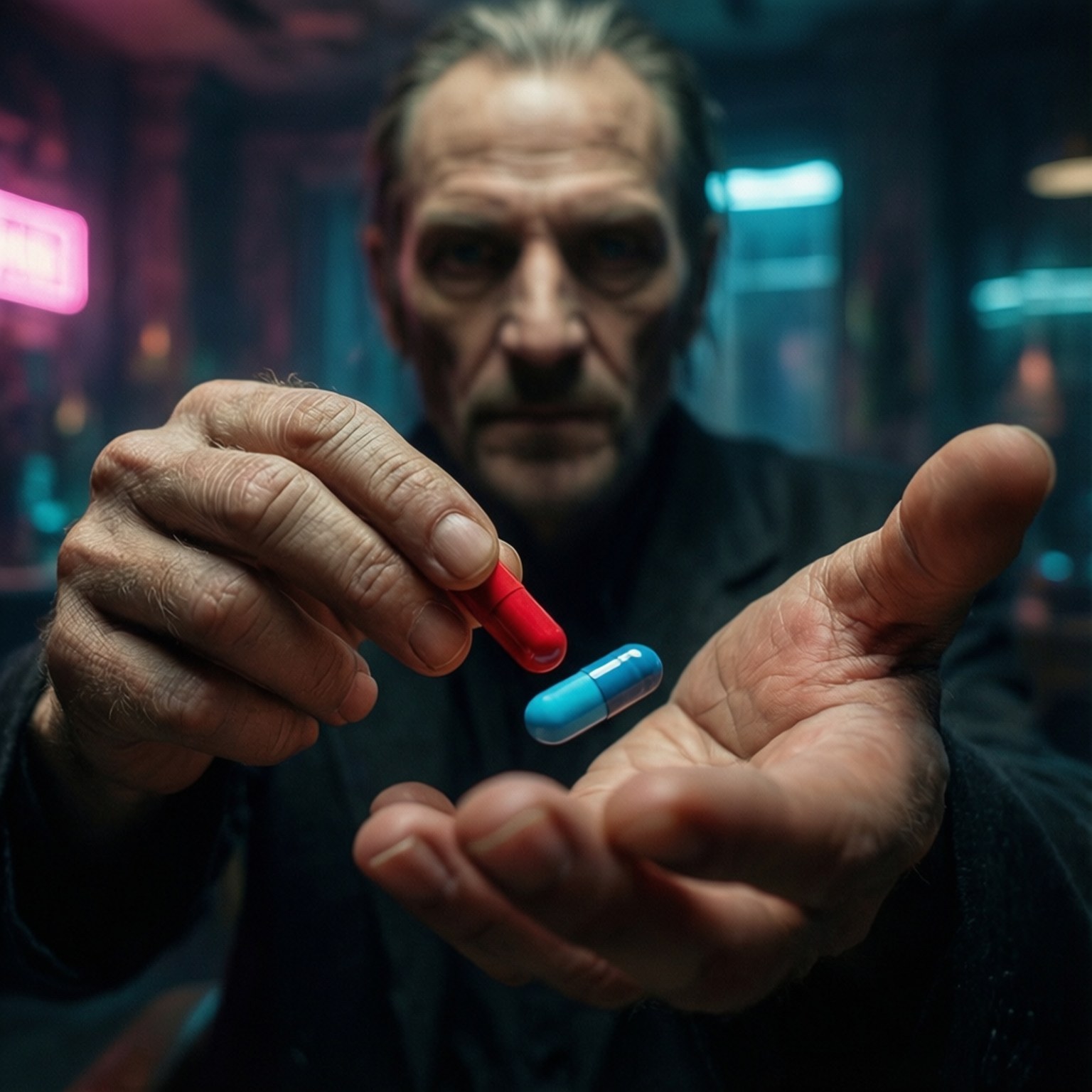 red pill, blue pill, neon-lit urban backdrop, HD Desktop Wallpaper