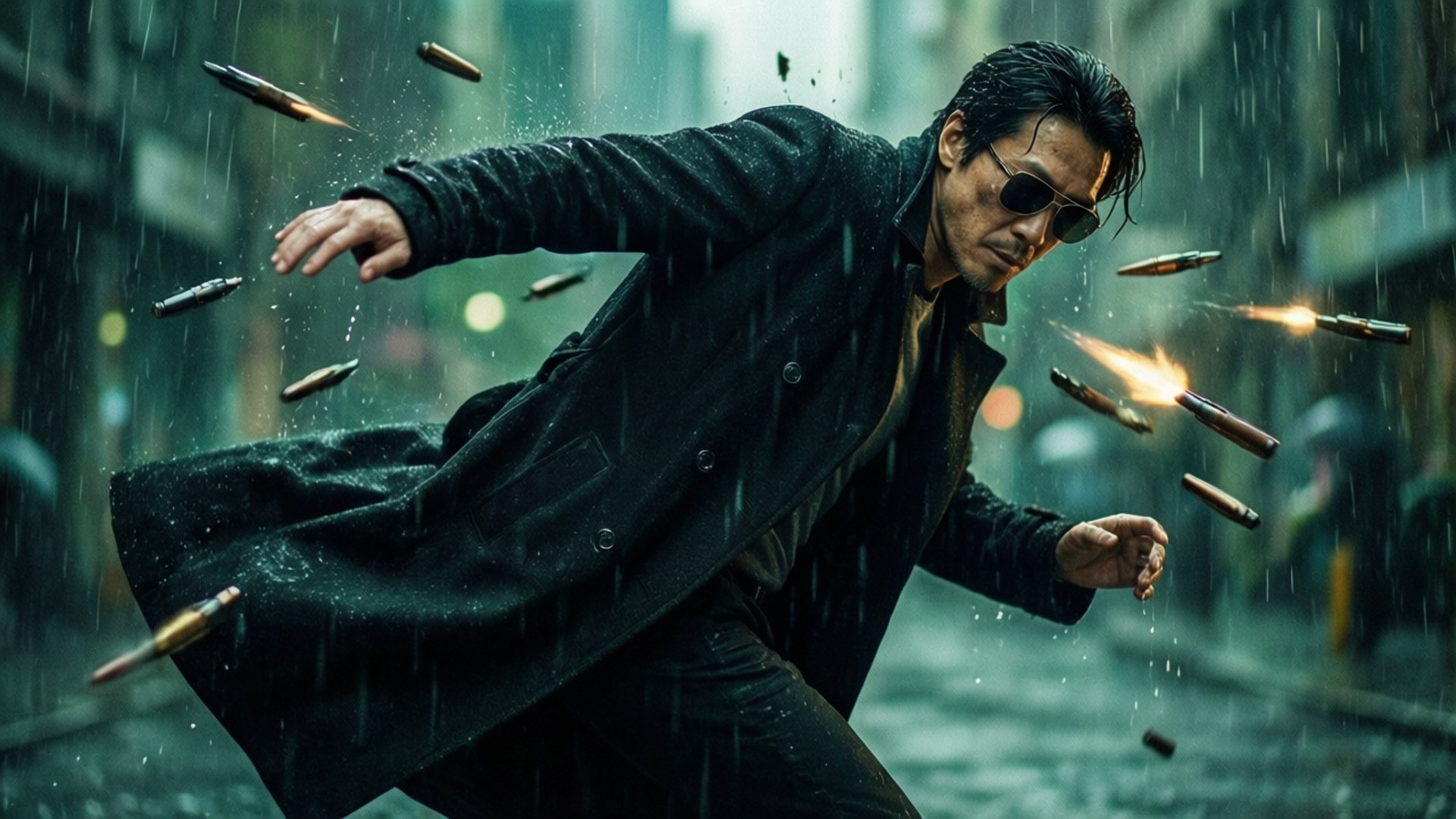 black trench coat, sunglasses, rain, Full HD Desktop Wallpaper