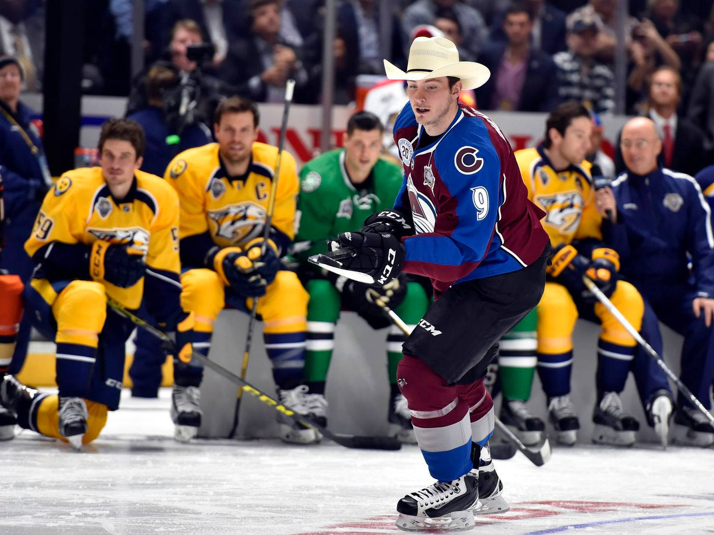 Matt Duchene, cowboy hat, blue and maroon jersey, HD Desktop Wallpaper