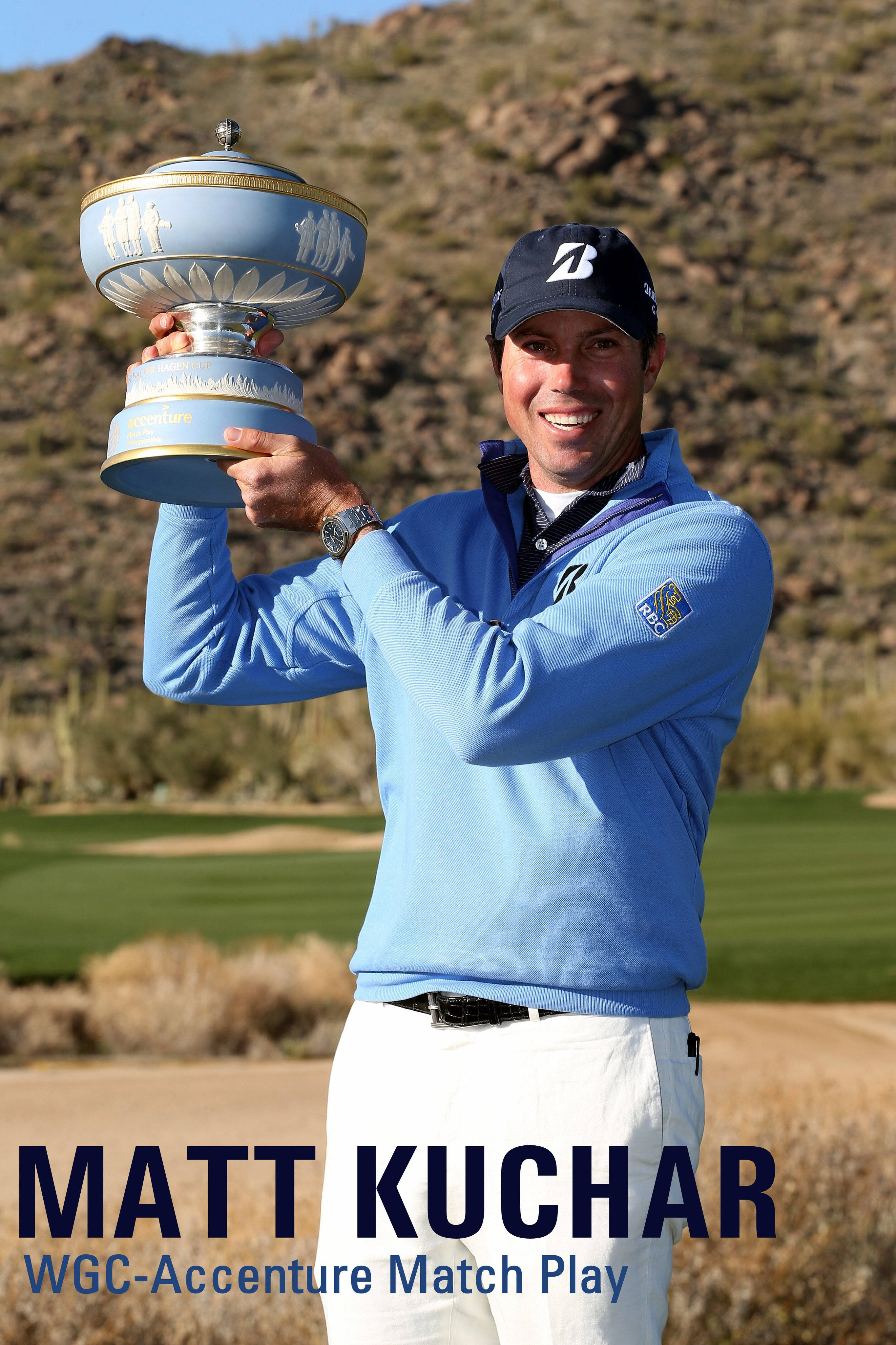 Matt Kuchar, blue and silver trophy, sunlit desert golf course, 4K Phone Wallpaper