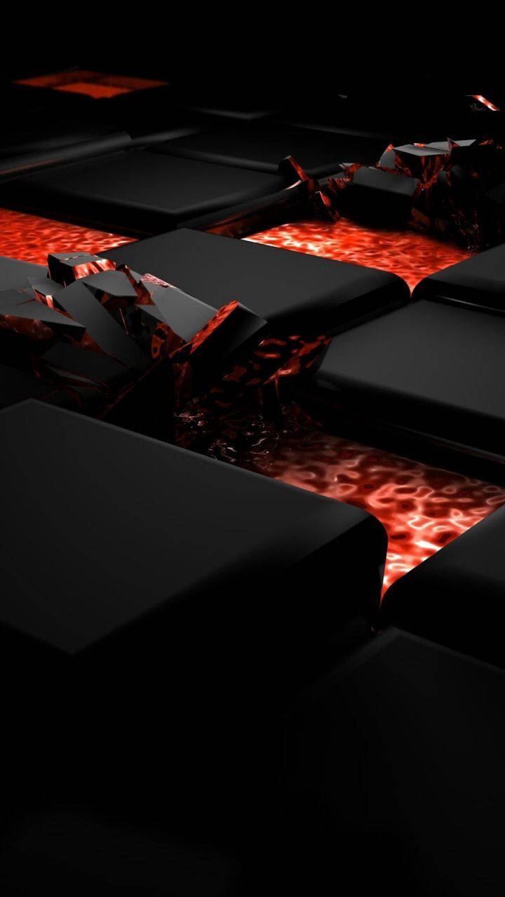 black abstract platforms, glowing red molten lava, fractured black geometric blocks, HD Phone Wallpaper