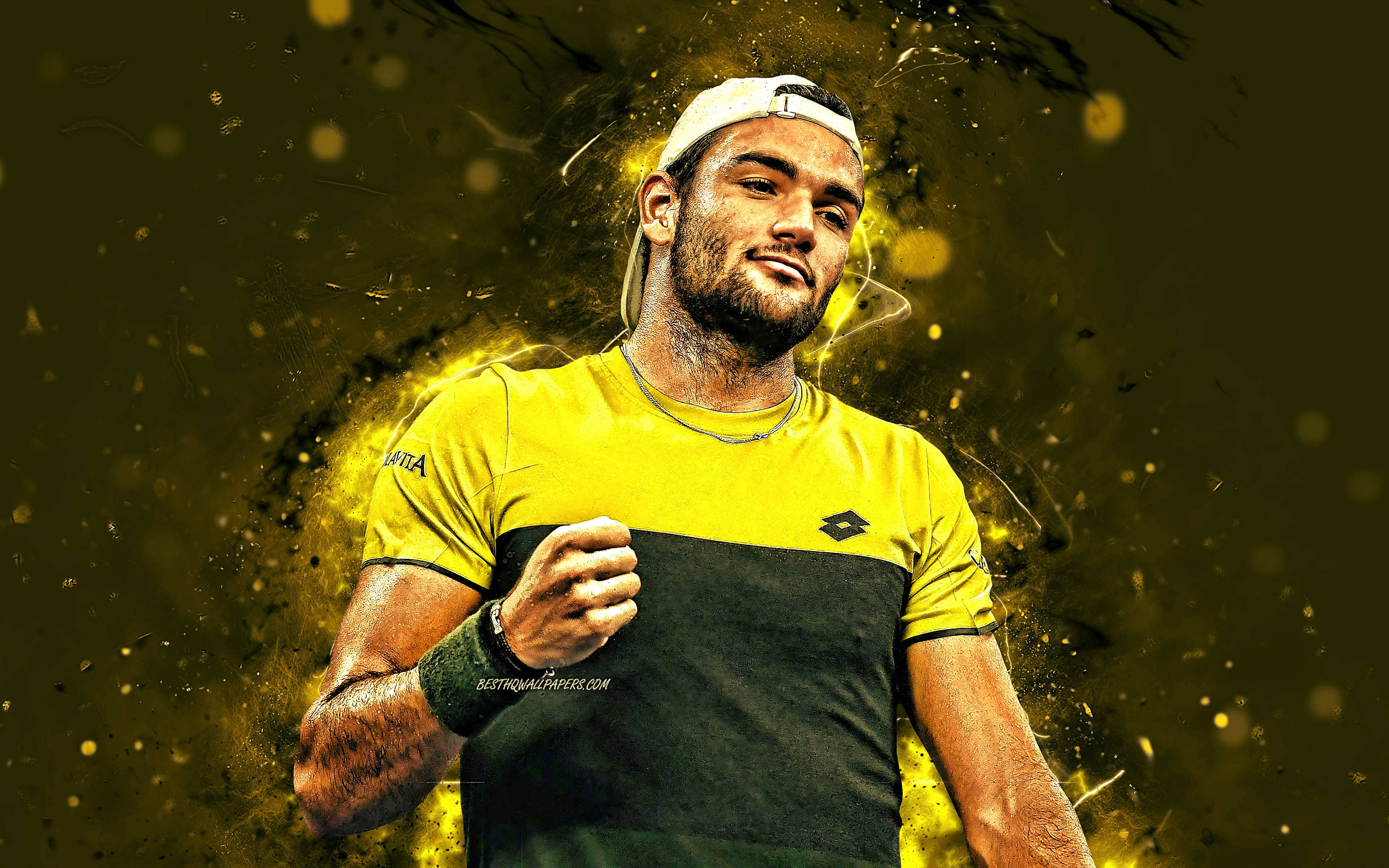 Matteo Berrettini, yellow and black shirt, golden particle background, 4K Desktop Wallpaper