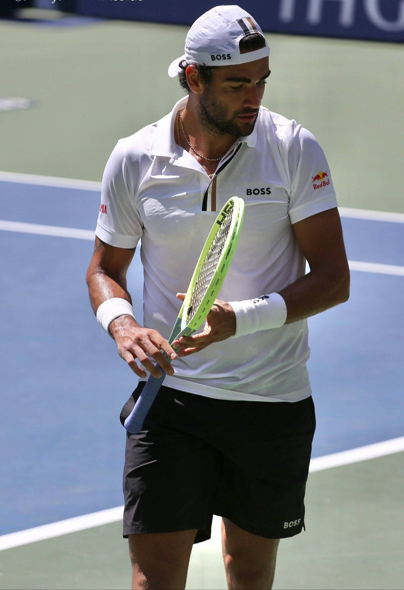 Matteo Berrettini, white BOSS gear, neon green racket, Full HD Phone Wallpaper